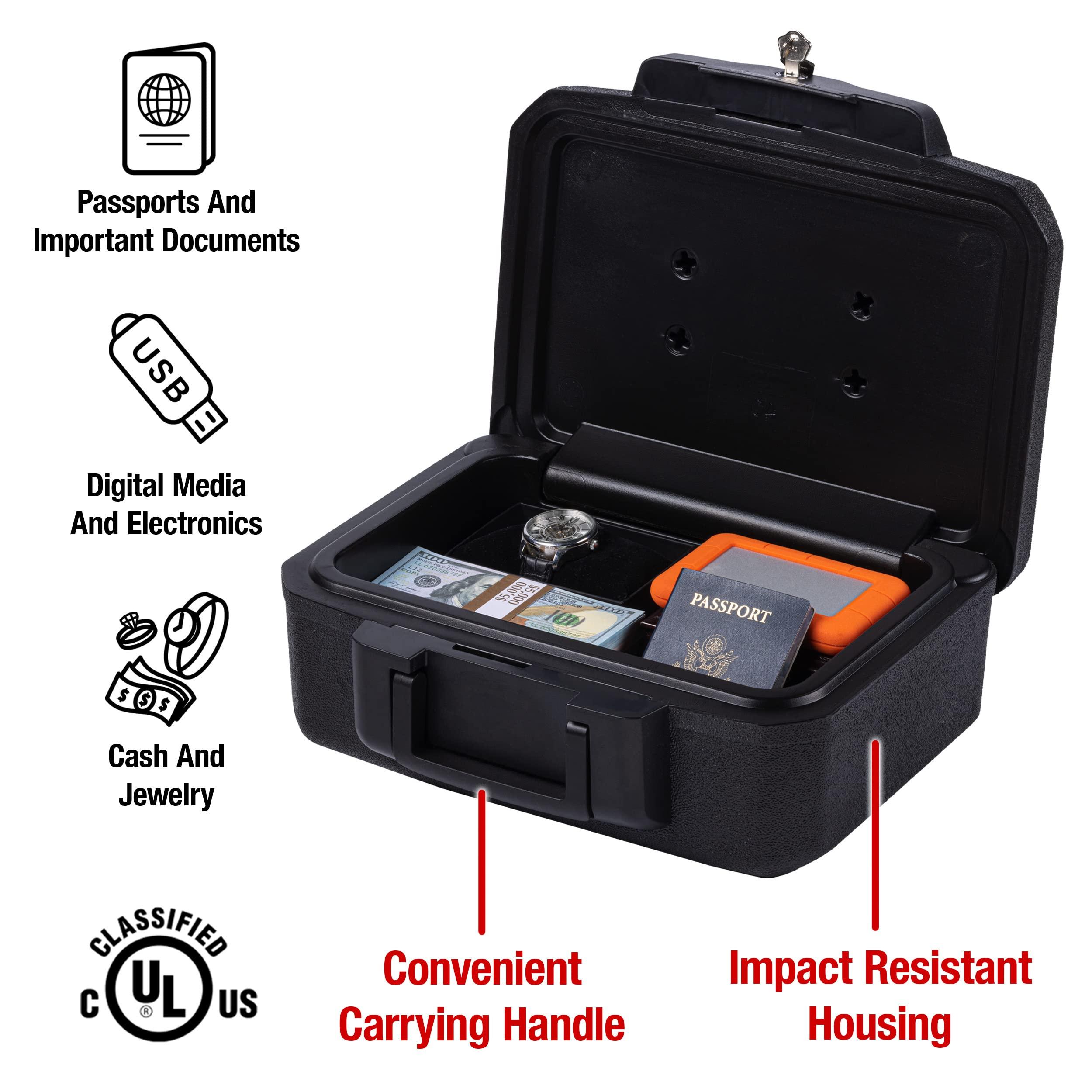 SentrySafe SentrySafe Fireproof Money Safe with Key Lock, Black Lock Box with Portable Carrying Handle for Travel, Exterior: 14.3 in. W x 11.2 in. D x 6.1 in H, 1200