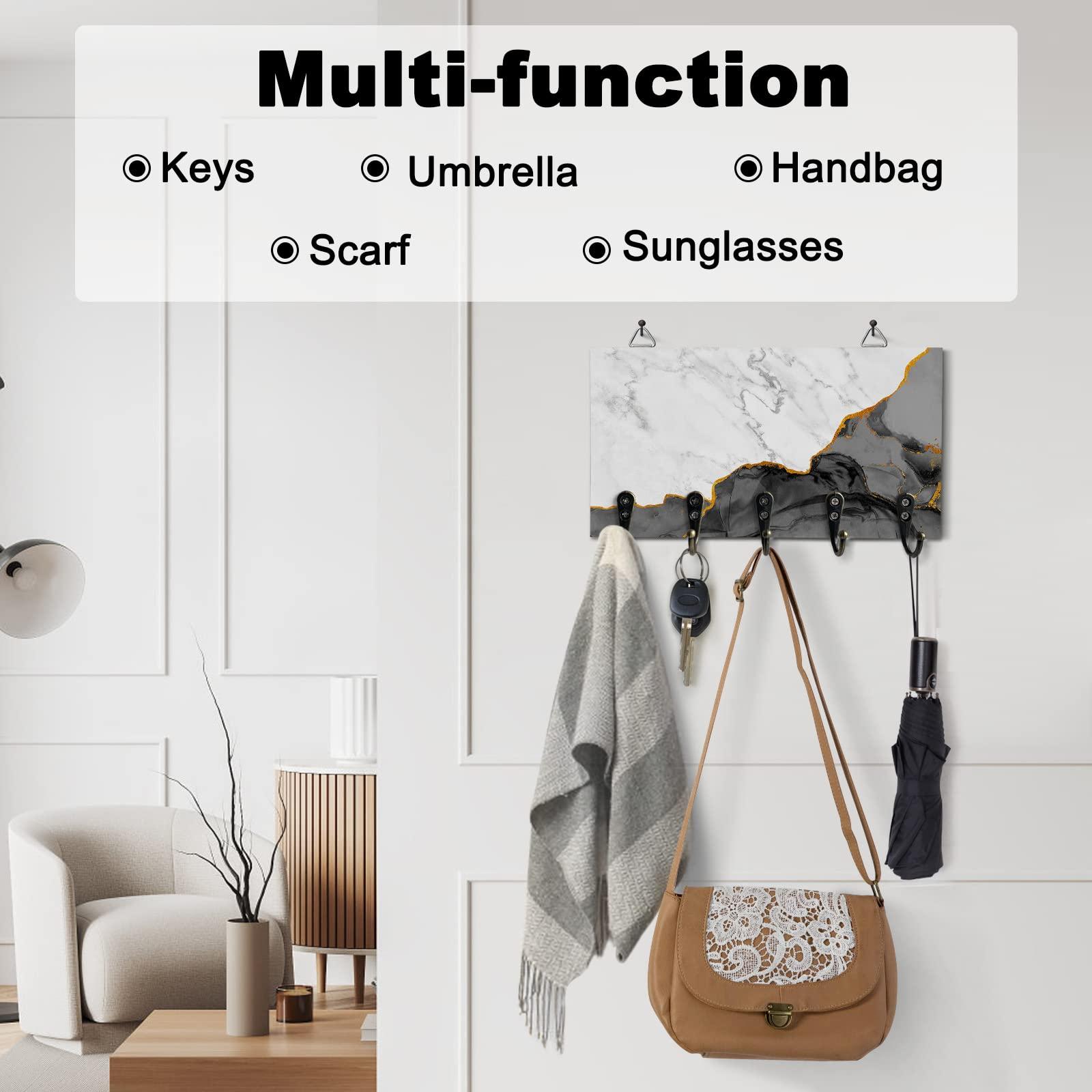 FortuneHouse8 Key Holder for Wall Black Grey Marble Decorative Key Hanger for Wall White Modern Abstract Art Luxurious Wall Mounted Key Racks with 5 Key Hooks Wood Key Holder for Entryway Hallway Doorway Office