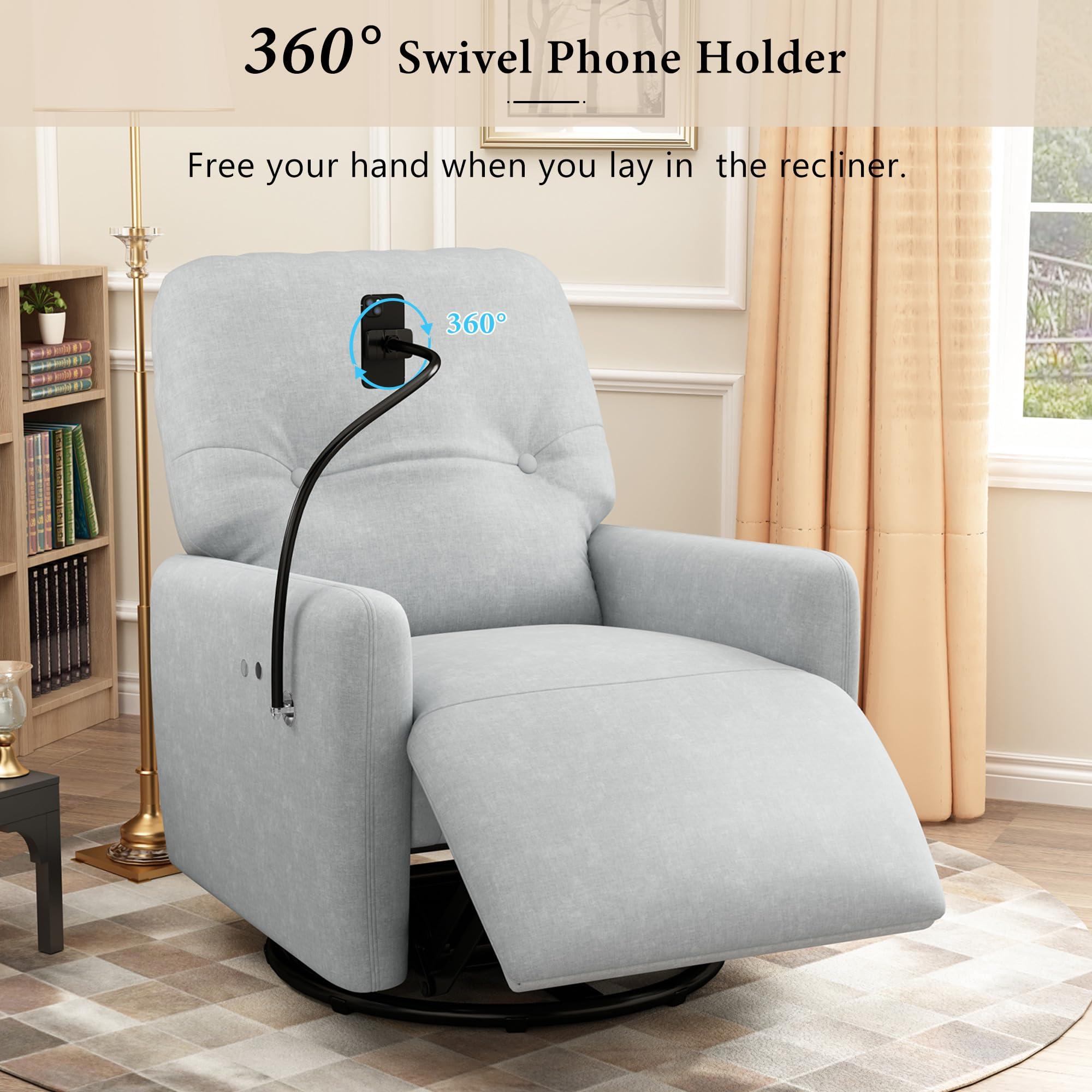 HABITRIO Swivel Electric Recliner Chair Single, Fabric Upholstered Button Tufted Home Theater Power Motion Reclining 270-Degree Rotating Rocking Single Sofa with Phone Holder for Living Room, Office, Bedroom