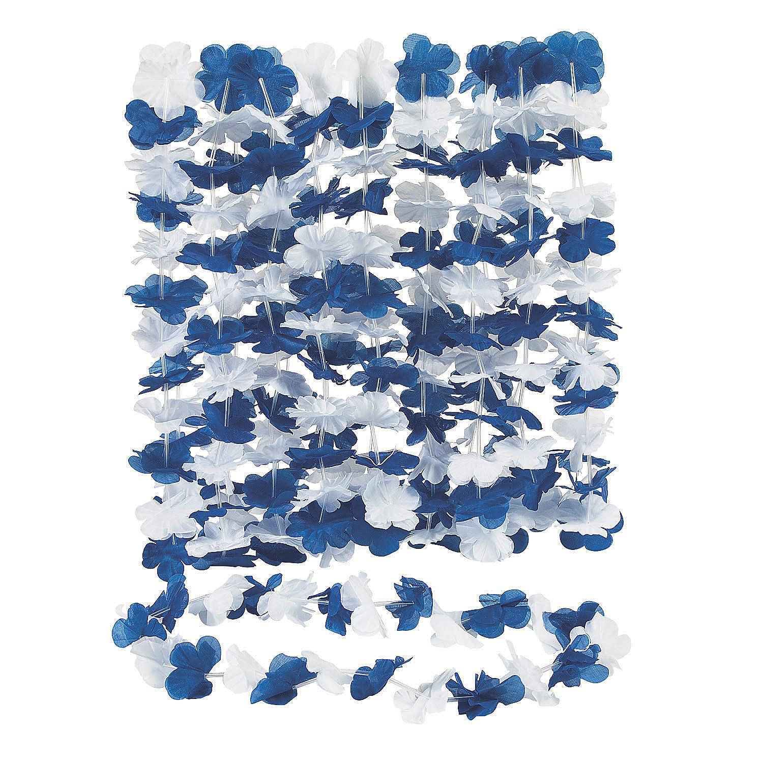 Fun Express Blue and White Hawaiian Flower Leis - Set of 12 - Luau, Party and School Spirit Supplies