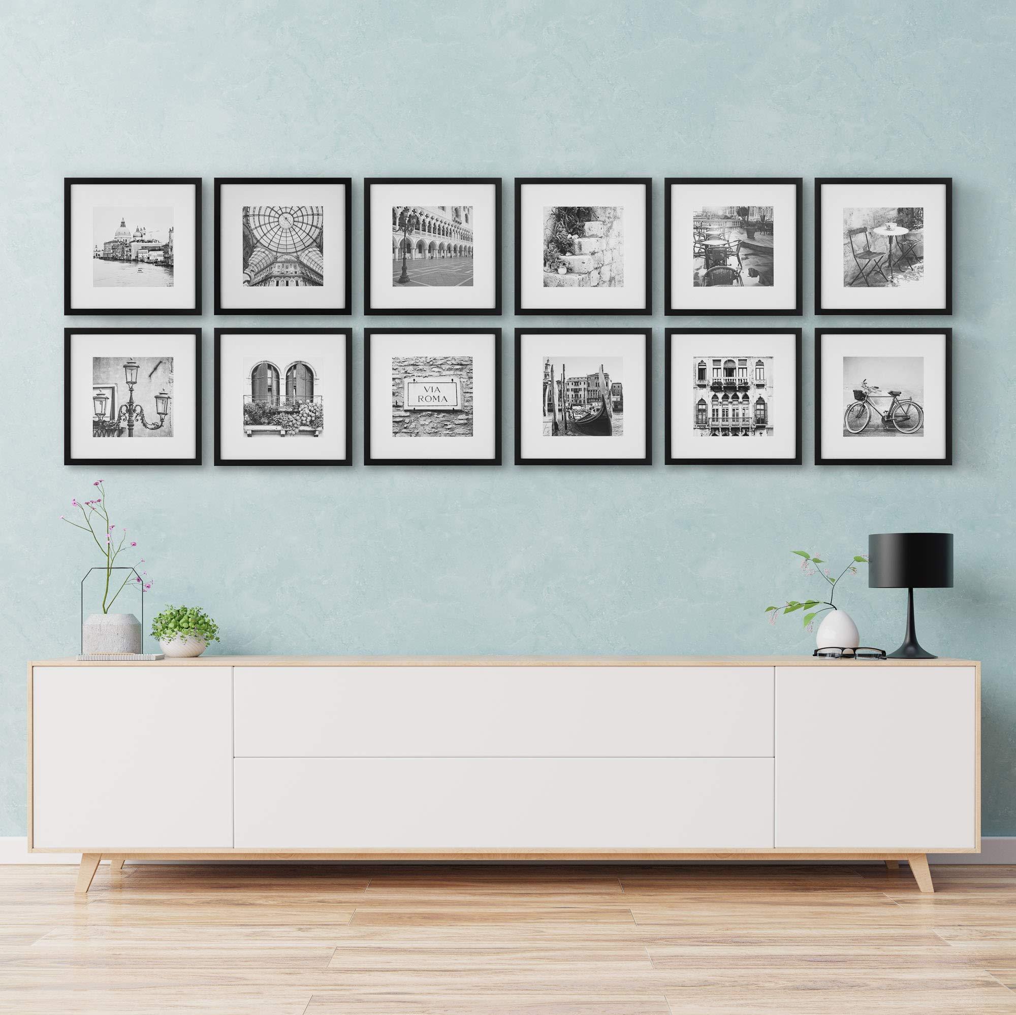 GALLERY PERFECT Gallery Perfect Black 12 Piece Square Photo Gallery Wall Picture Frame Set with Hanging Template, 16.5 x 10.2 x 16.7 inches