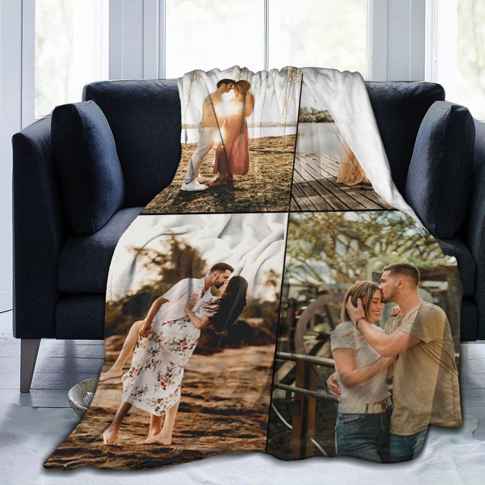 LEOKRUN Personalized Bedding Throw Blankets Customized Flannel Fleece Blankets Custom Blanket with Picture Text for Family Birthday Wedding Gift Fits Couch Sofa Bedroom Living Room 4 Photo Collage 47\" x 47\"