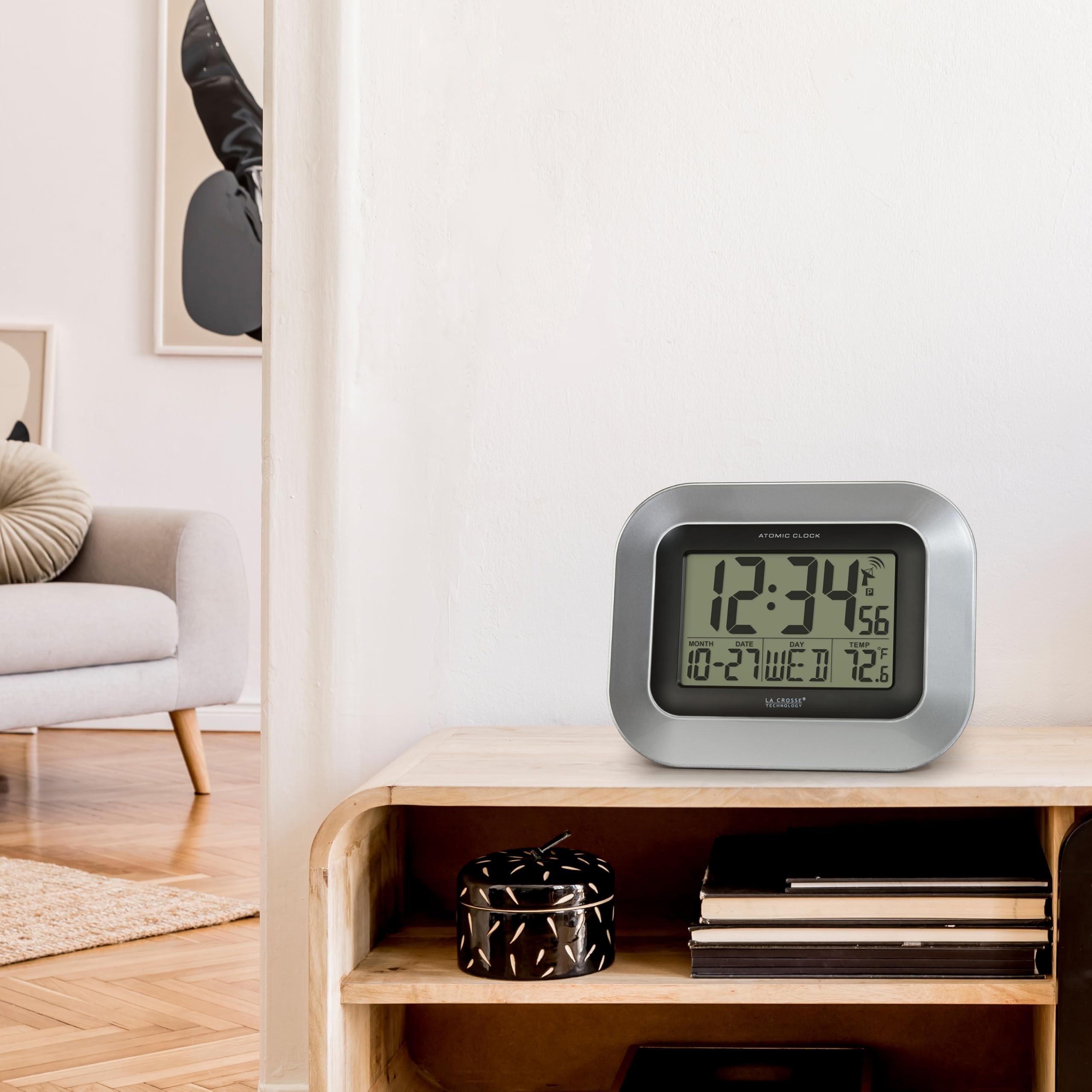 La Crosse Technology La Crosse Technology WT-8005U-S Atomic Digital Wall Clock with Indoor Temperature, Silver