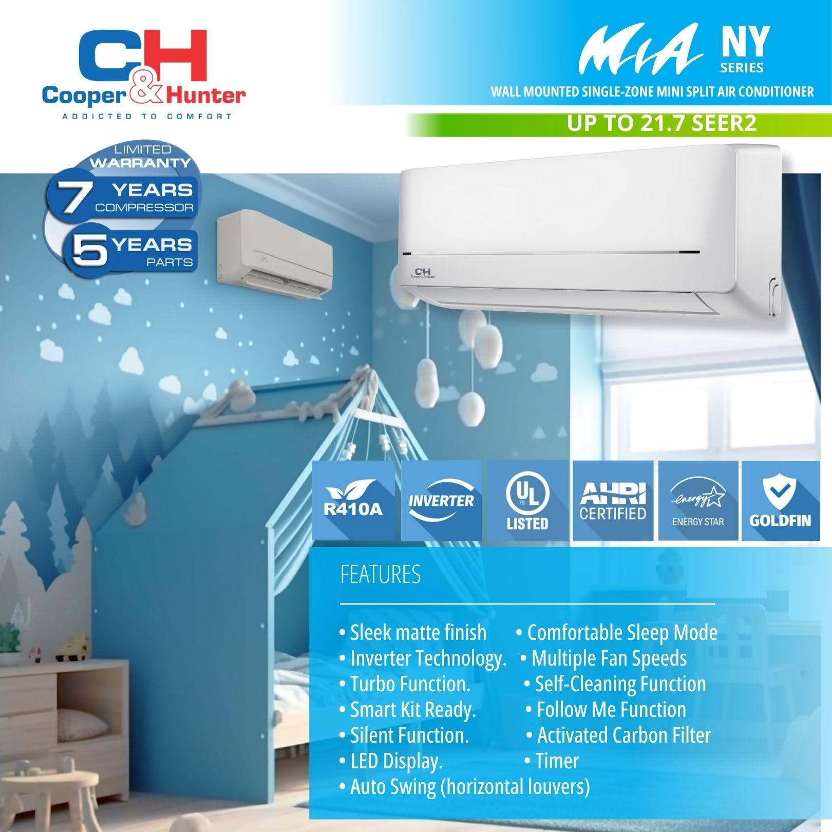 Cooper & Hunter Cooper & Hunter MIA Series, Mini Split Air Conditioner and Heater, 9,000 BTU, 230V, 21.7 SEER, Wall Mount Ductless Inverter Heat Pump System, Including 16ft Installation kit