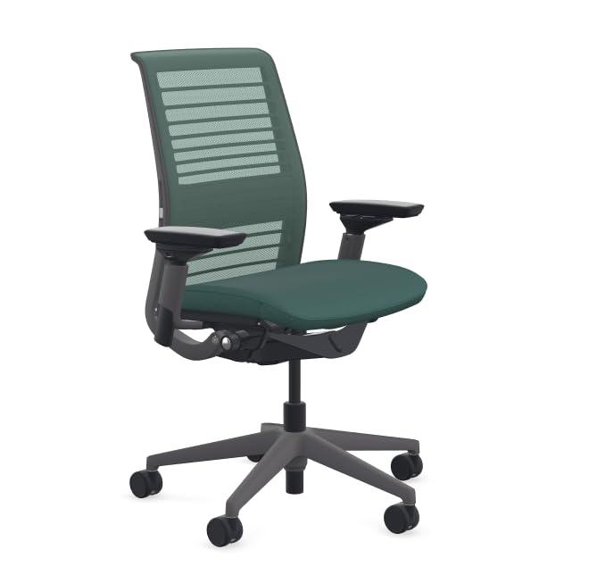 Steelcase Steelcase Think Office Chair - Ergonomic Work Chair - Lumbar Support - 4D Arms - Dark Merle Frame with 3D Knit Back - Peacock Fabric with Wheels for Hard Flooring