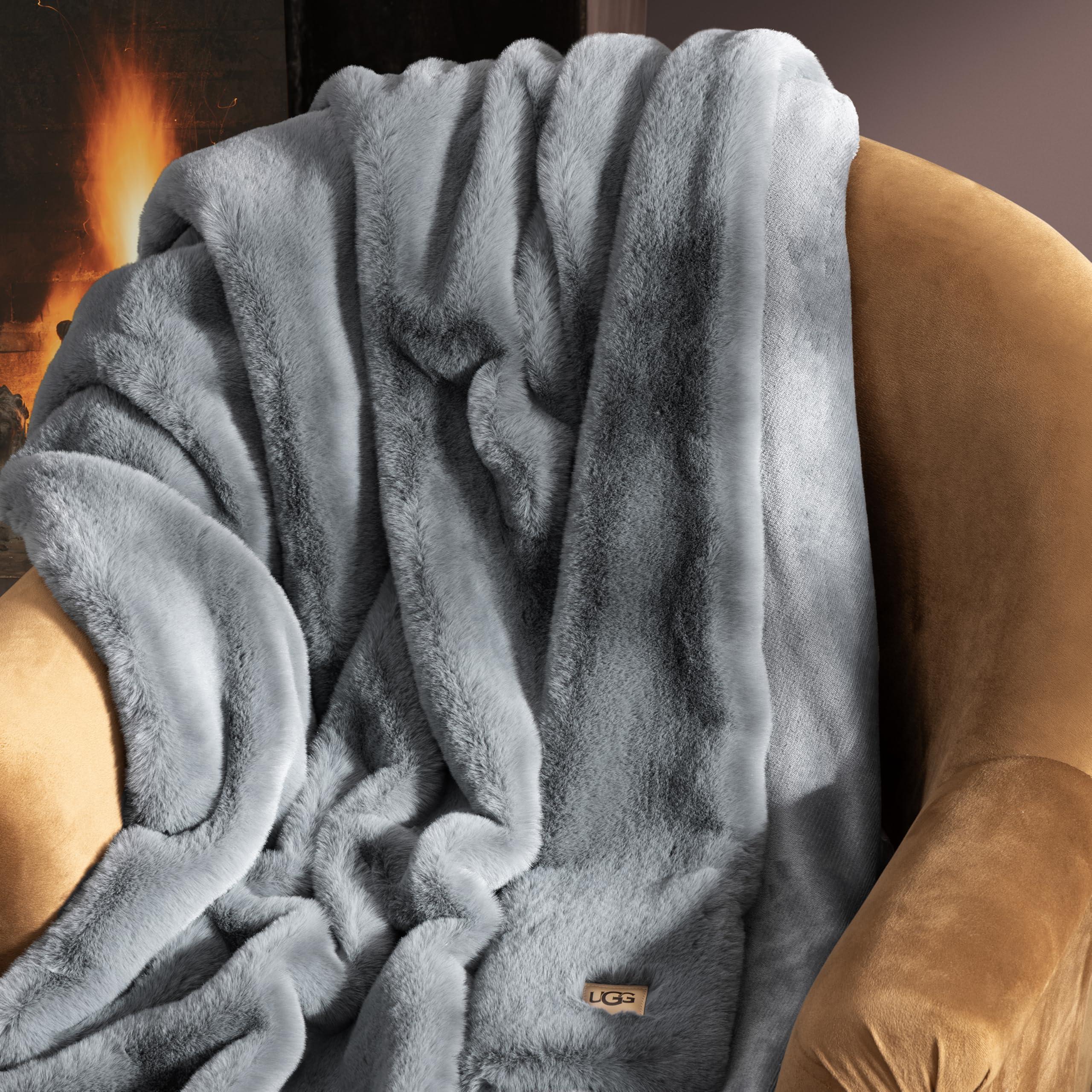 UGG UGG 11069 Euphoria Plush Faux Fur Reversible Throw Cozy Fuzzy Fluffy Blanket for Couch Bed Hotel Style Luxury Machine Washable Home Decor Luxurious Soft Throws for Sofa, 70 x 50-Inch, Chambray