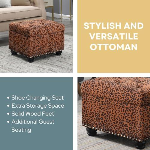 Convenience Concepts Convenience Concepts Designs4Comfort 5th Avenue Upholstered Storage Ottoman 24\" - Contemporary Foot Stool and Seat with Hinged Lid for Living Room, Dining Room, Office, Den, Forest Leopard Print Fabric
