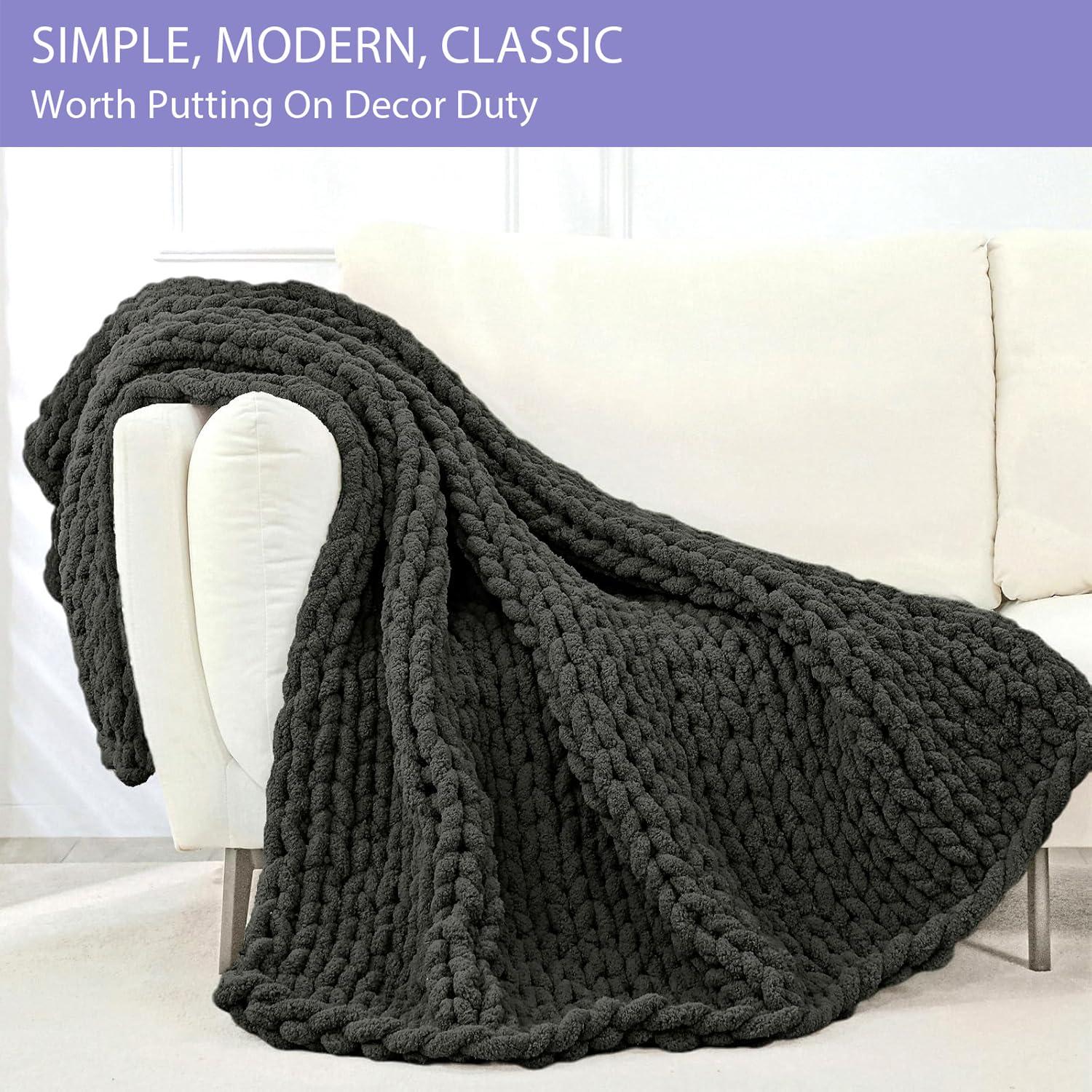Bigacogo Bigacogo Chunky Knit Throw Blanket for Couch, 40x40 inches, 100% Hand Knitted with Thick Jumbo Chenille Yarn, Cozy Soft Large Rope Knot Cable Crochet Blankets for Sofa Bed Living Room, Dark Grey