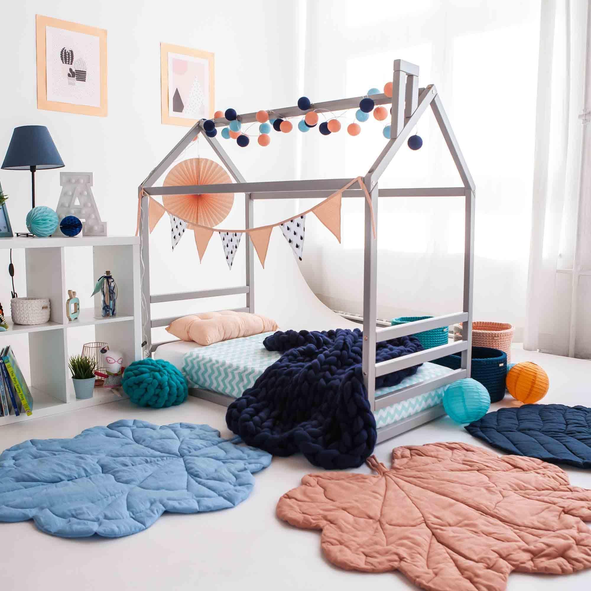 Sweet Home From Wood Montessori bed, Toddler house bed frame US Twin size, Montessori floor bed frame, Canopy bed WITH slats