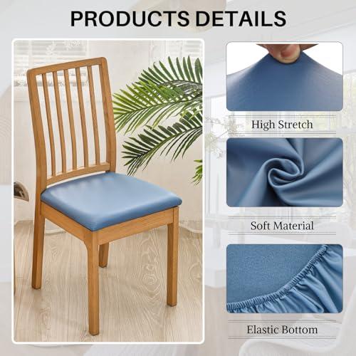 SearchI SearchI Waterproof PU Leather Seat Covers for Dining Chairs, 4 Pack Stretch Dining Room Chair Seat Covers, Kitchen Chair Seat Covers Protectors (Blue)