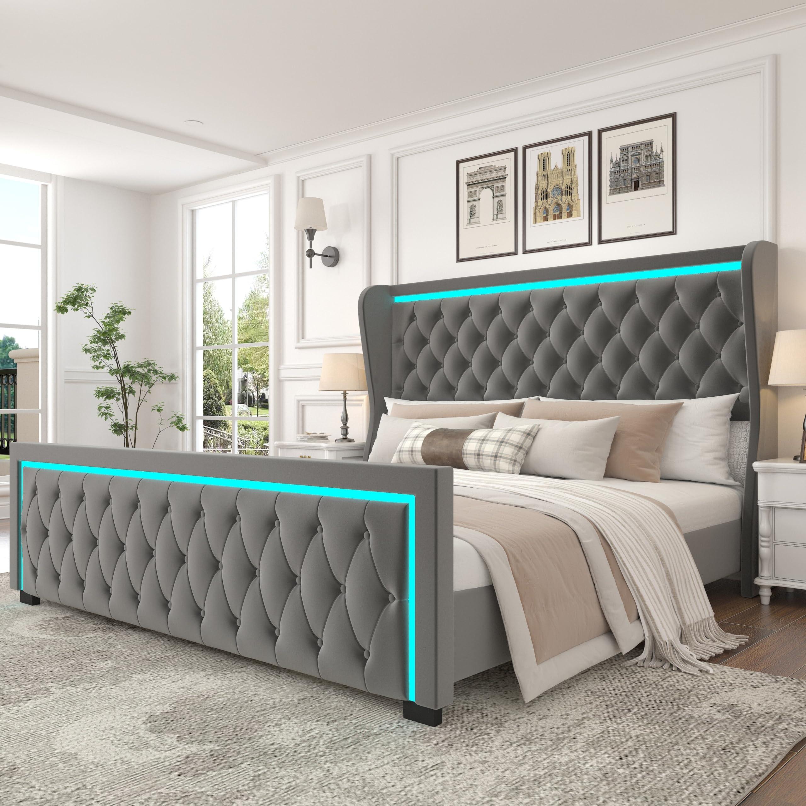 Bed Bath & Beyond Queen Velvet Platform Bed Frame with High Headboard and LED Light