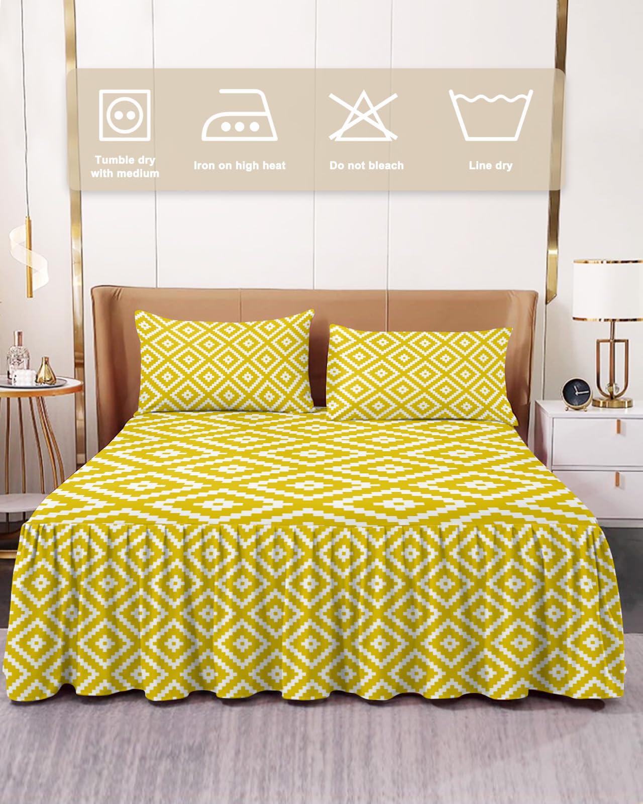 PRINT PICTURE ARTHOME Bed Skirt Full Size 18 Inch Drop, Yellow Wrap Around Bed Skirts Set - 1 Bed Sheet & 2 Pillowcase(30\"x20\"), Geometric Square Texture Dust Ruffle Bedding Sets