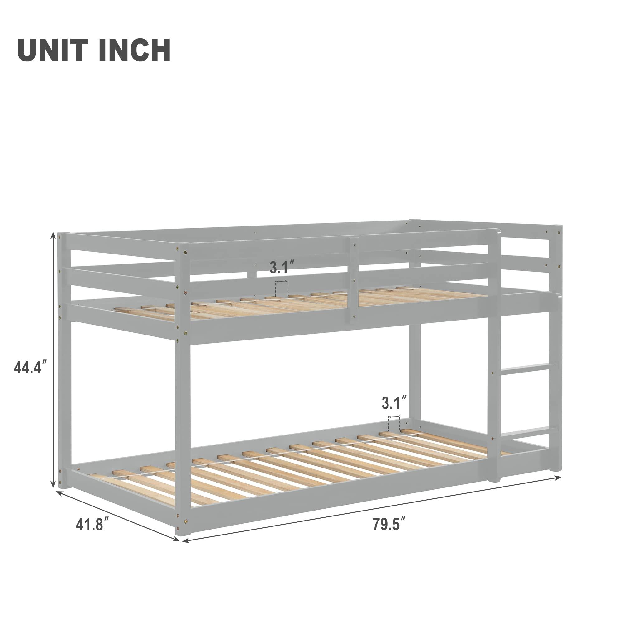 MWrouqfur MWrouqfur Low Bunk Beds Twin Over Twin Floor Bunk Bed Frame Loft Bed for Boys Girls Teens,Space Saving,No Box Spring Needed (Gray)