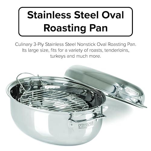 Viking Culinary Viking Culinary 3-Ply Stainless Steel Oval Roasting Pan, 8.5 Quart, Includes Metal Induction Lid & Rack, Dishwasher, Oven Safe, Works on All Cooktops including Induction