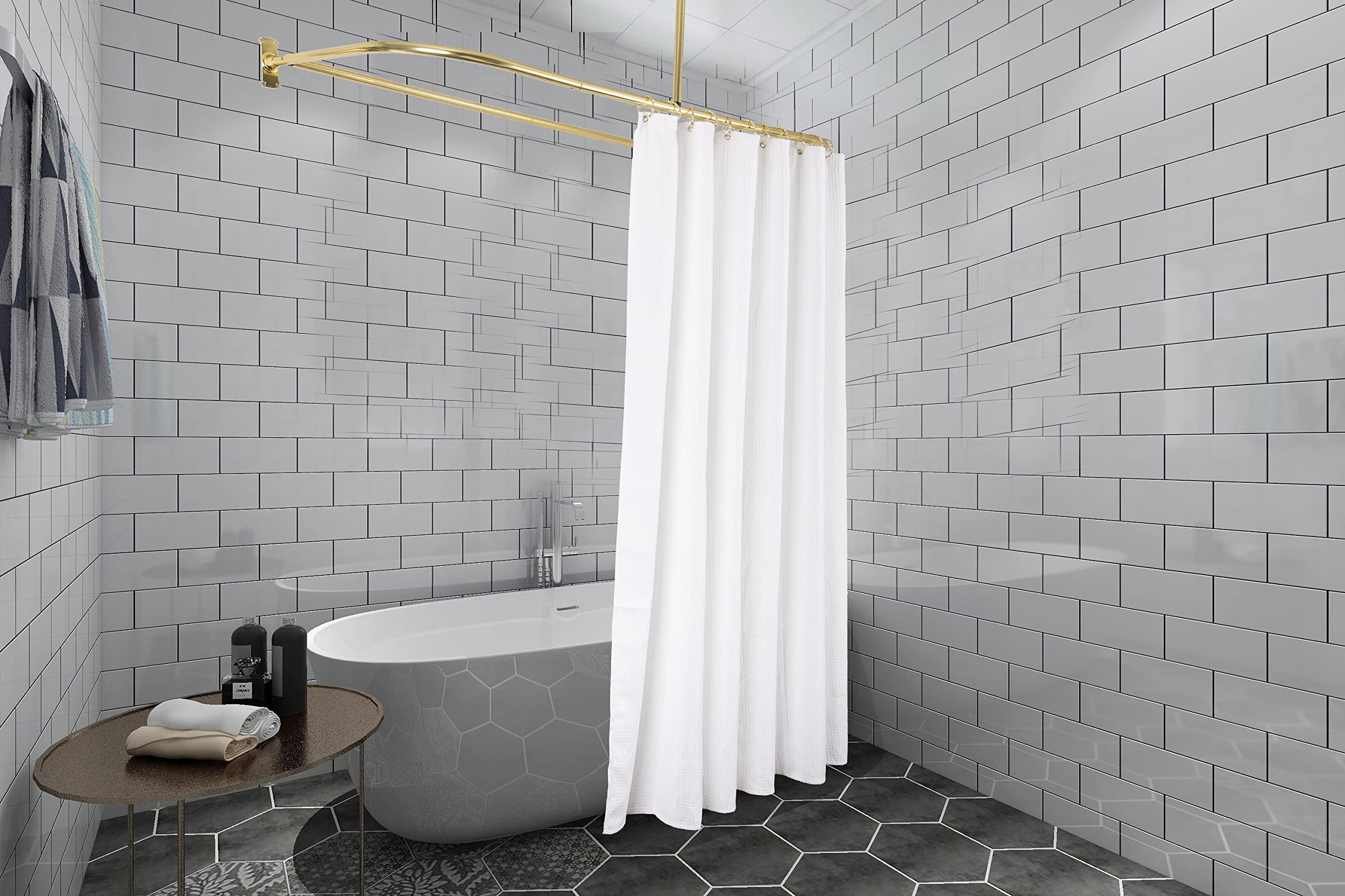 Utopia Alley Utopia Alley Rustproof Aluminum Shower Curtain Rod | D-Shape Shower Rod with Ceiling Support, Perfect for Freestanding Tub & Shower, Gold + White Curtain Combo (61"L x 28"W)