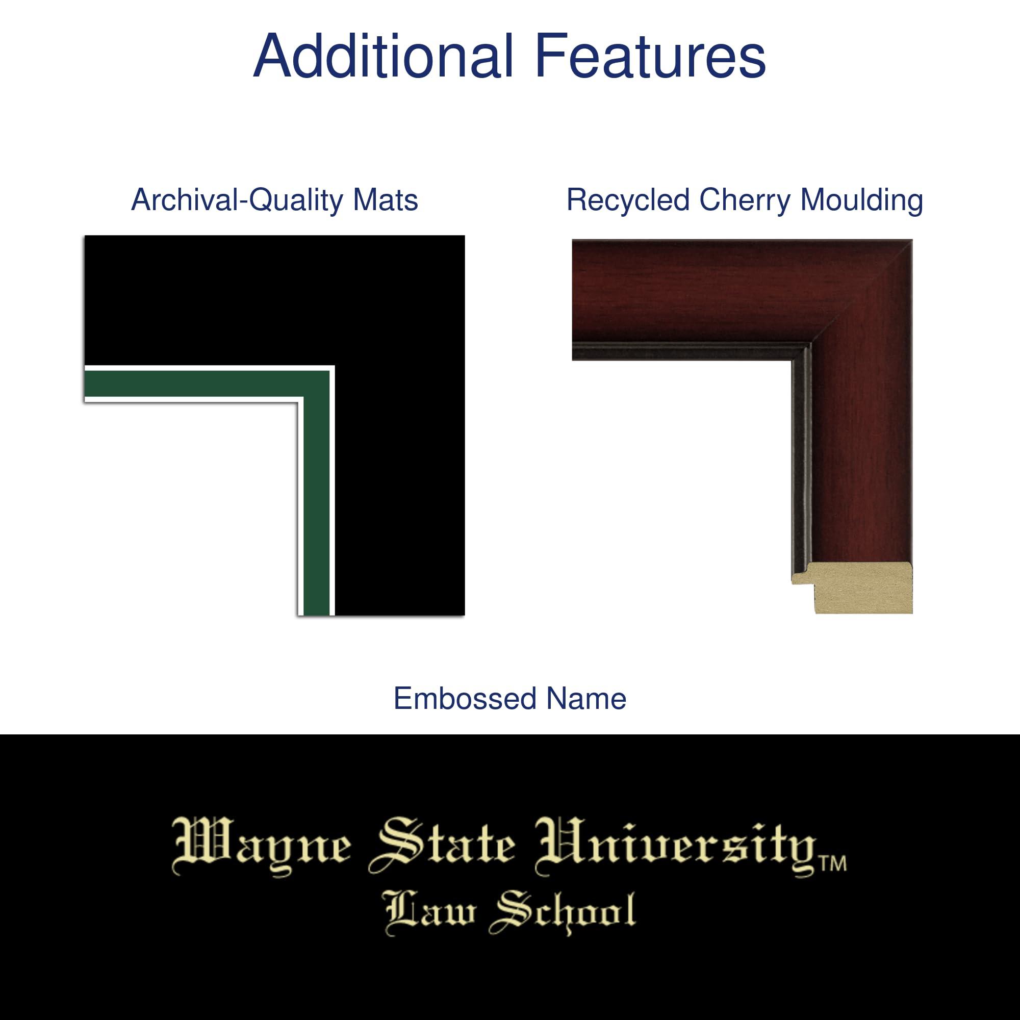 Framerly Framerly - Wayne State University Law School 10\" W X 8\" H Diploma Frame - Fits a Phd - Gold Embossed Diploma Frame - Cherry Moulding with Black and Tartan Green Matting - Officially Licensed