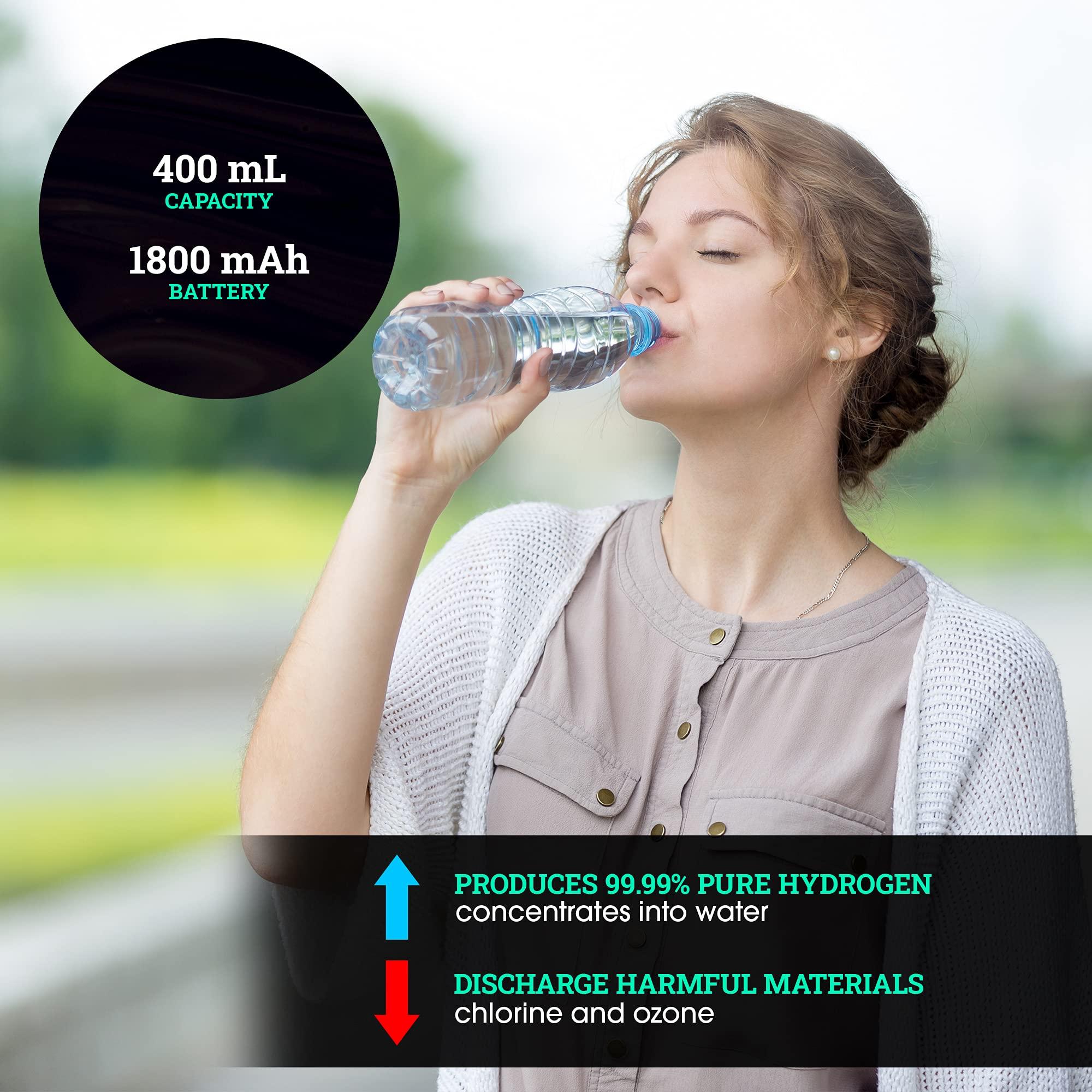 H2WELLNESS H2Wellness - Molecular Hydrogen Water Bottle, 400ml Portable Hydrogen Water Maker, Hydrogen Water Generator with Portable Inhaler Adapter and Self-Cleaning Mode, Black Tritan