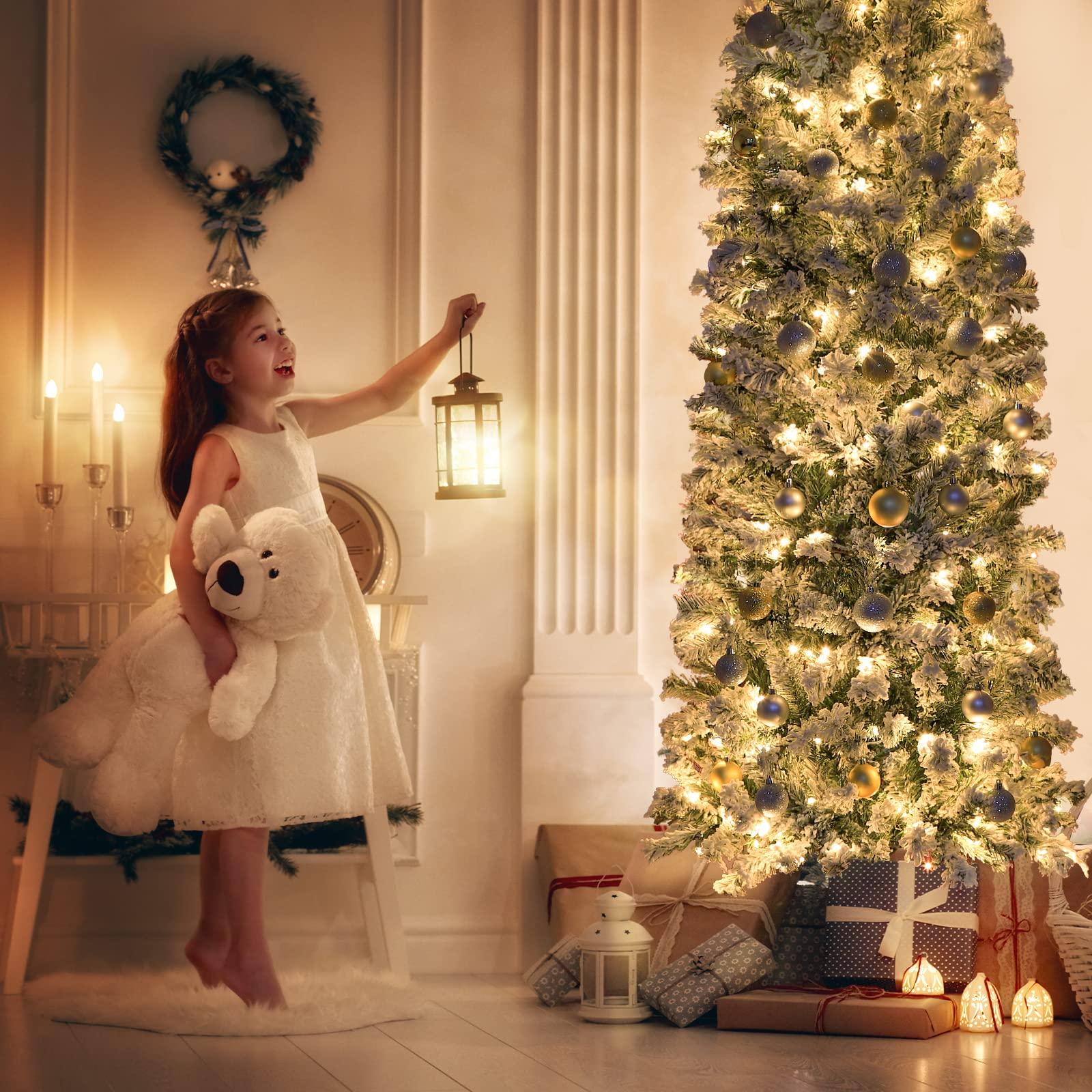 MVSRWLL 7.5FT Prelit Pencil Christmas Tree Artificial Snow Flocked Slim Skinny Christmas Trees with 350 LED Warm White Lights for Christmas Indoor Outdoor Decoration