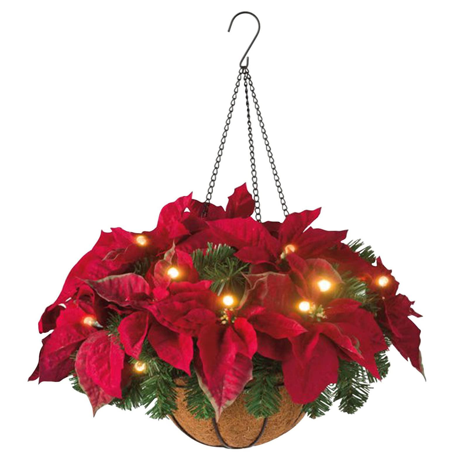 Duffire Duffire Christmas Poinsettia Hanging Basket Pre-Lit Artificial Floral Arrangement with Pine Needles for Outdoor Yard Porch Holiday Decor