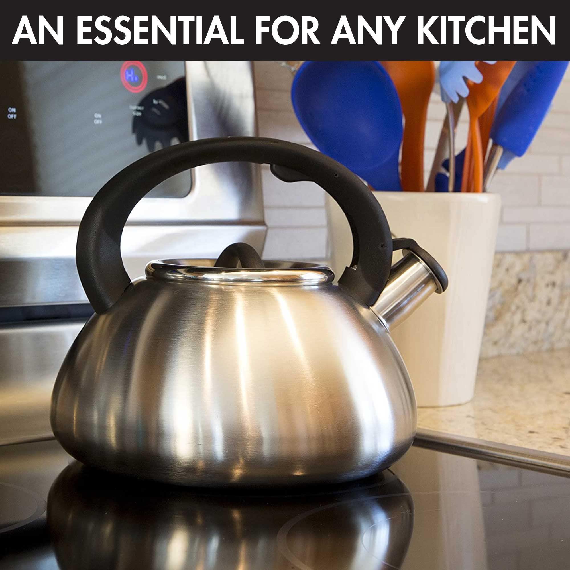 Primula Primula Avalon Whistling Stovetop Tea Kettle Food Grade Wide Mouth, Fast to Boil, Cool Touch Handle, 2.5-Quart, Brushed Stainless Steel