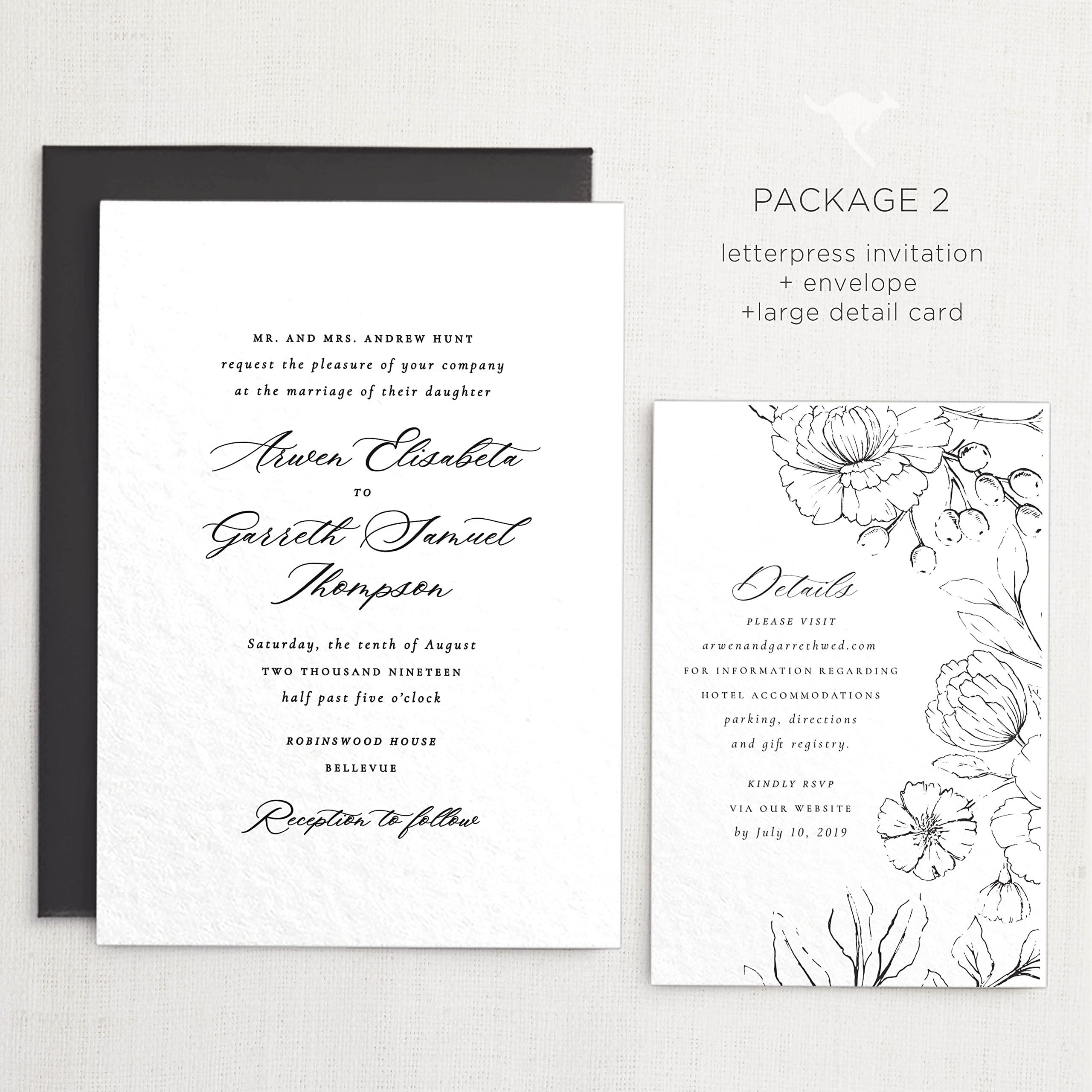 marsupial papers Letterpress Wedding Invitations | Customizable Elegant, Floral, Custom Printed | Arwen Wedding Invitation with RSVP Envelopes Details Cards (Set of 50, Package 4)