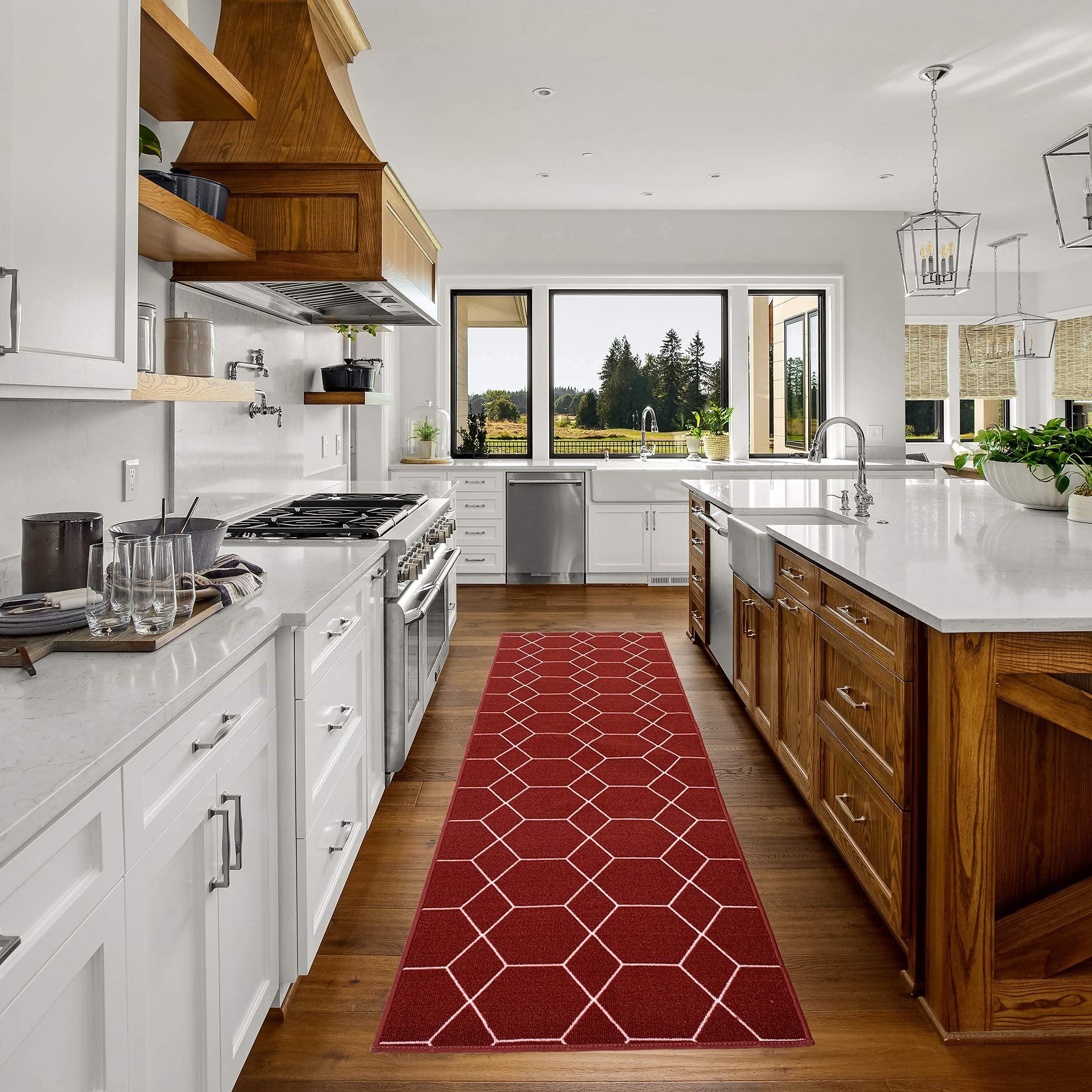 CreativeDeco Custom Made Runner Rug for Kitchen Foyer Hallway Entry Choose Your Length Size 31 Inch Wide Geometric Lattice Design Red Color (39 feet x 31 Inch)