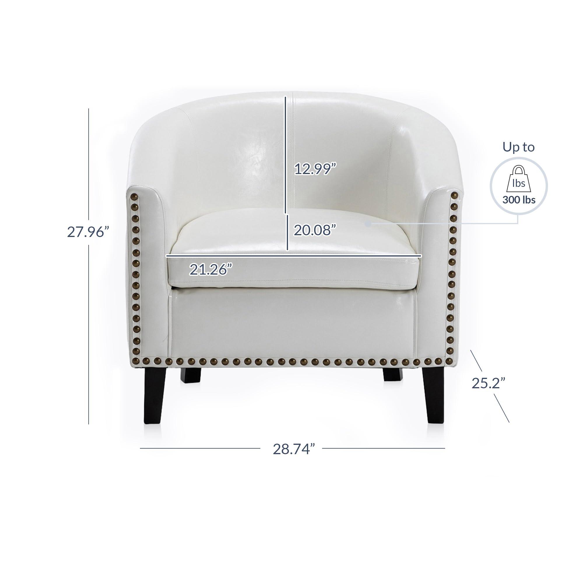 BELLEZE BELLEZE Accent Barrel Chair, Modern Tub Club Chair Upholstered Armchair for Living Room, Faux Leather Chair with Gold Nail Head Trim Black Legs - Kyara (White)