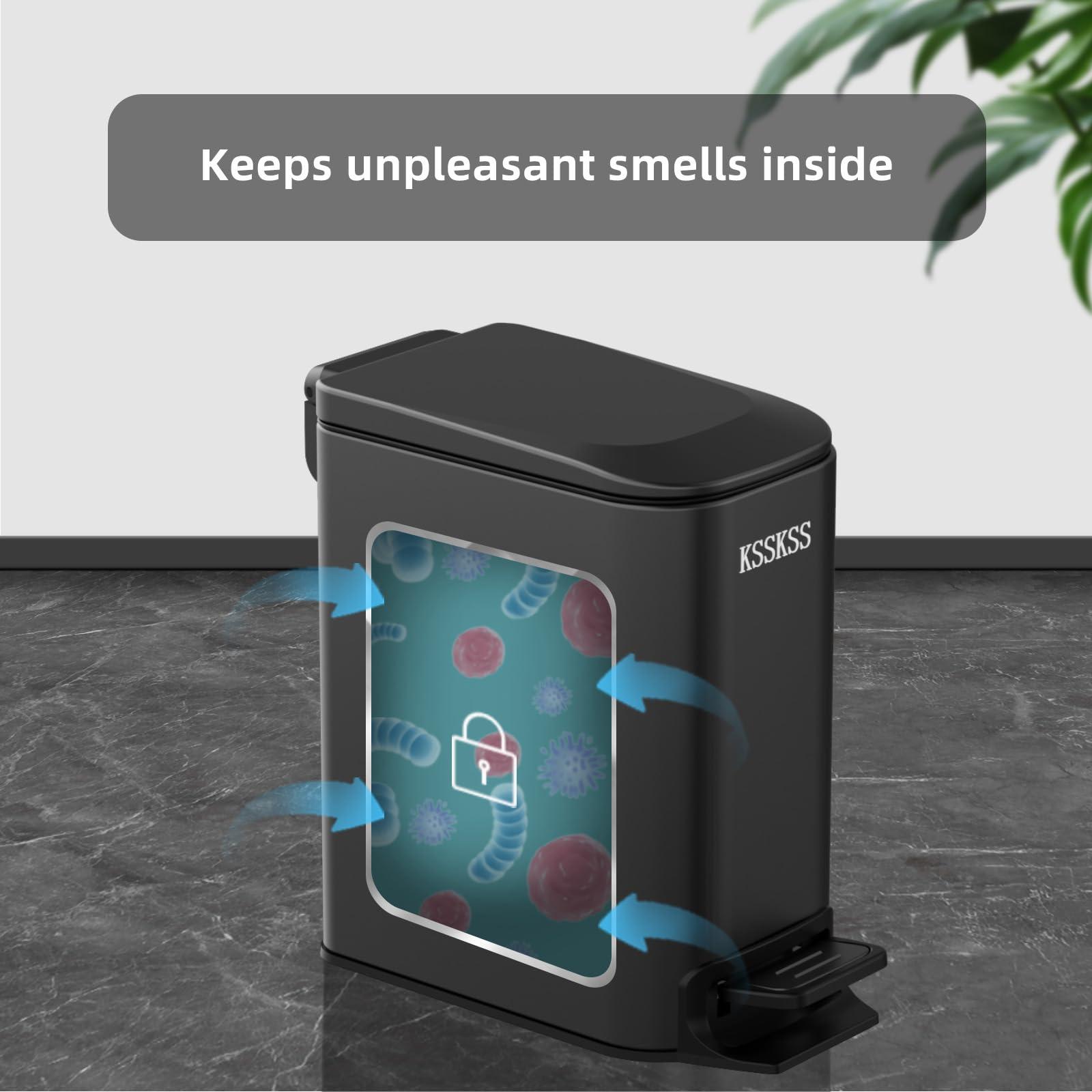 KSSKSS KSSKSS Small Bathroom Trash Can with Soft Close Lid, 6L / 1.6 Gallon Stainless Steel Garbage Can with Removable Inner Bucket, Step Pedal, Slim Wastebasket for Bedroom, Home Office (Matt Black)