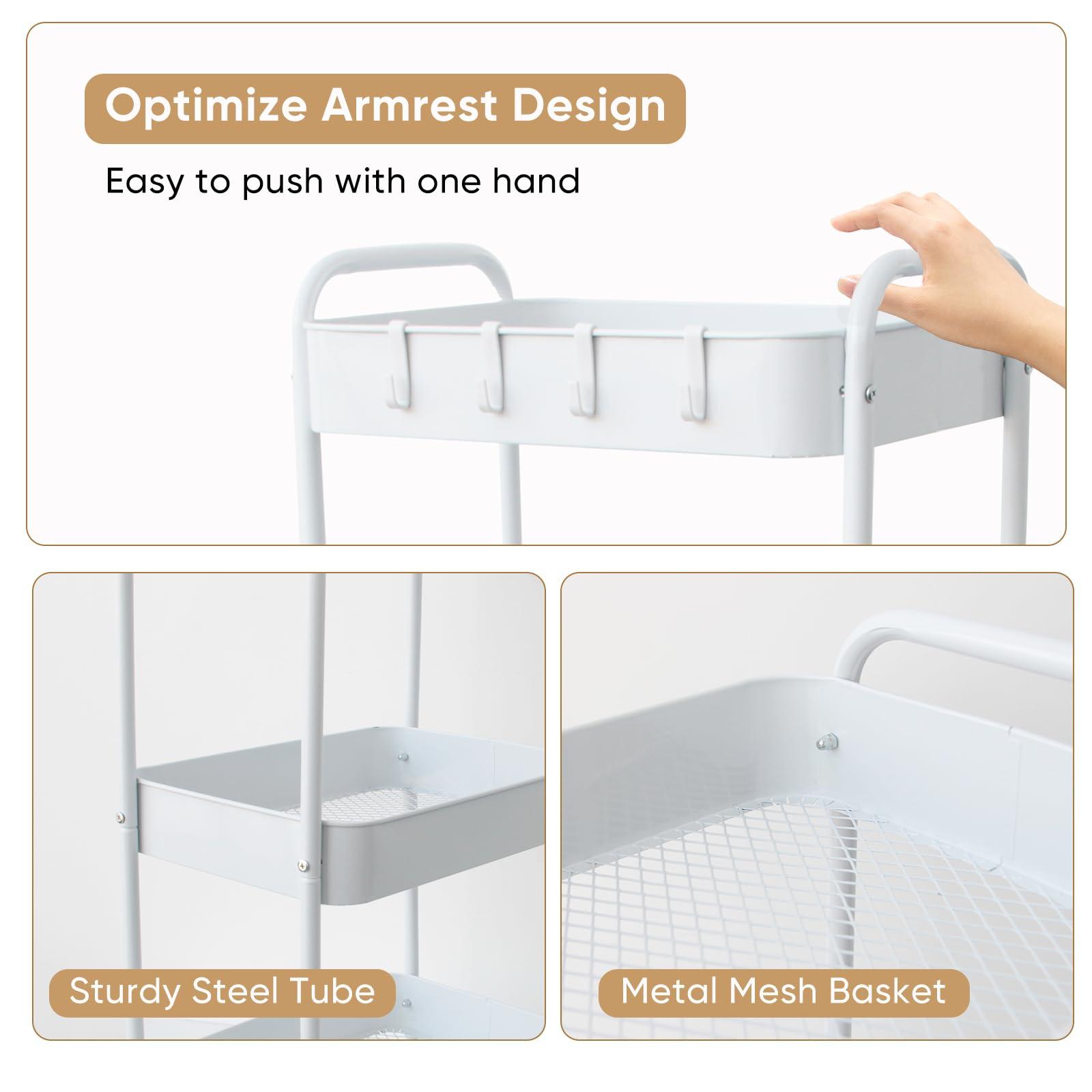 Ufriandz Ufriandz Metal Utility Cart with Wheels, Three Tier Rolling Cart Storage Organizer Trolley with Handle, Heavy Duty Mobile Shelving Units for Kitchen Home Laundry Office Art Bedroom Salon, White