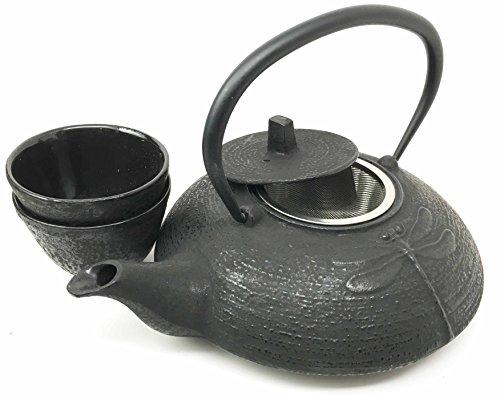 Gifts & Decors Japanese Legendary Tombo Dragonfly Black Heavy Cast Iron Tea Pot and Cups Set Serves 2 Beautifully Packaged in Teapot Gift Box Excellent Home Decor Asian Living And Housewarming Gift