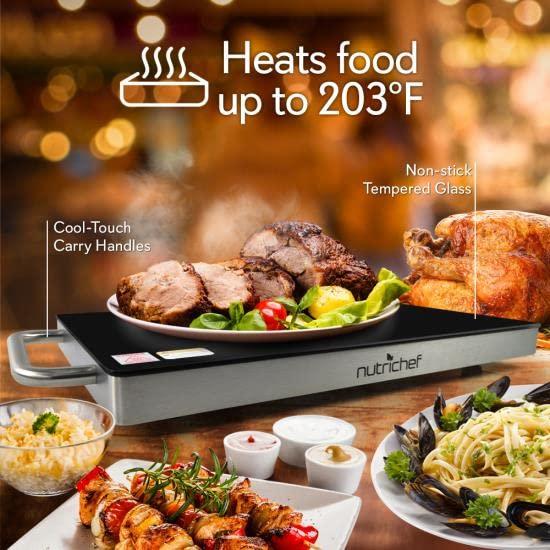 NutriChef NutriChef Stainless Warming Hot Plate - Keep Food Warm w/ Portable Electric Food Tray Dish Warmer w/ Black Glass Top, For Restaurant, Parties, Buffet Serving, Table or Countertop Use