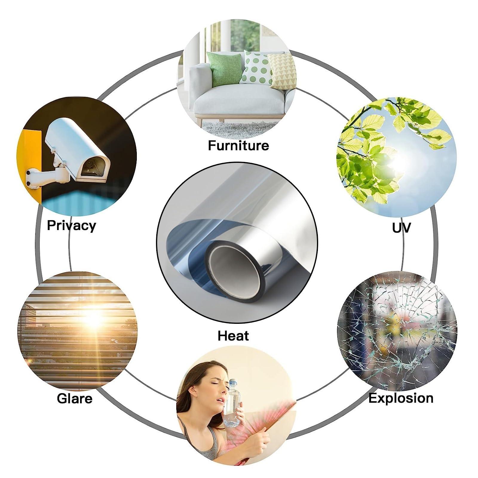HJXGQJM One-Way Privacy Mirror Reflective Film SilverOne Way Window Film Daytime Privacy Window Tint for Home UV Blocking Mirror Film Heat Control Reflective Glass Film for Home and Office (Color : Silver,