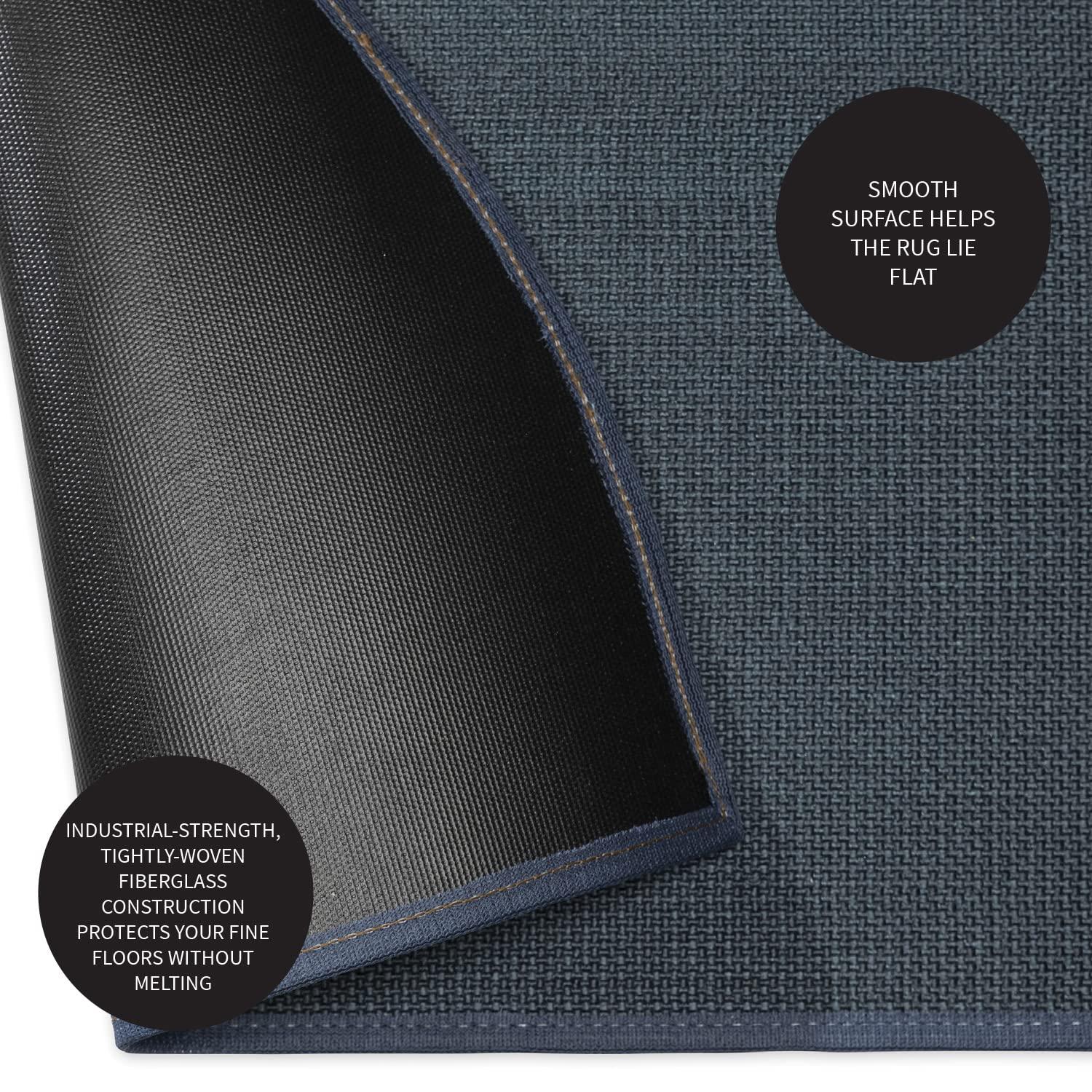 Plow & Hearth Fire Retardant Fiberglass Half Round Hearth Fireplace Area Rug Polyester Trim Non Slip Mat Low Profile Protects Floors from Sparks Embers Logs 27 W x 48 L Blue