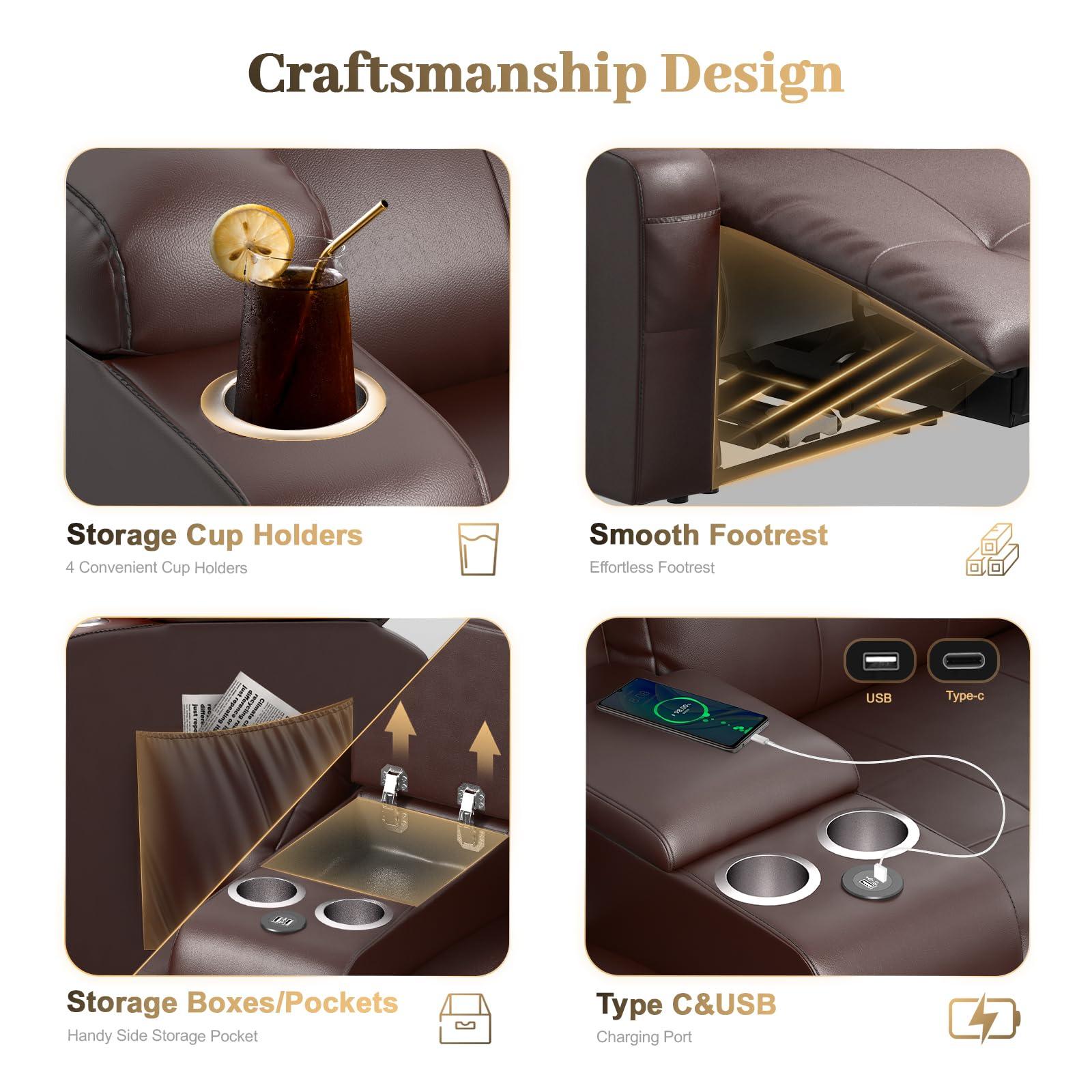 Aotolo Reclining Loveseat, Massage Loveseat Recliner Sofa Heavy Weight Capacity, RV Love Seat Chair Clearance with Console, USB, Type C Port, Storage, Cup Holders, Wall Hugger Couch for Living Room