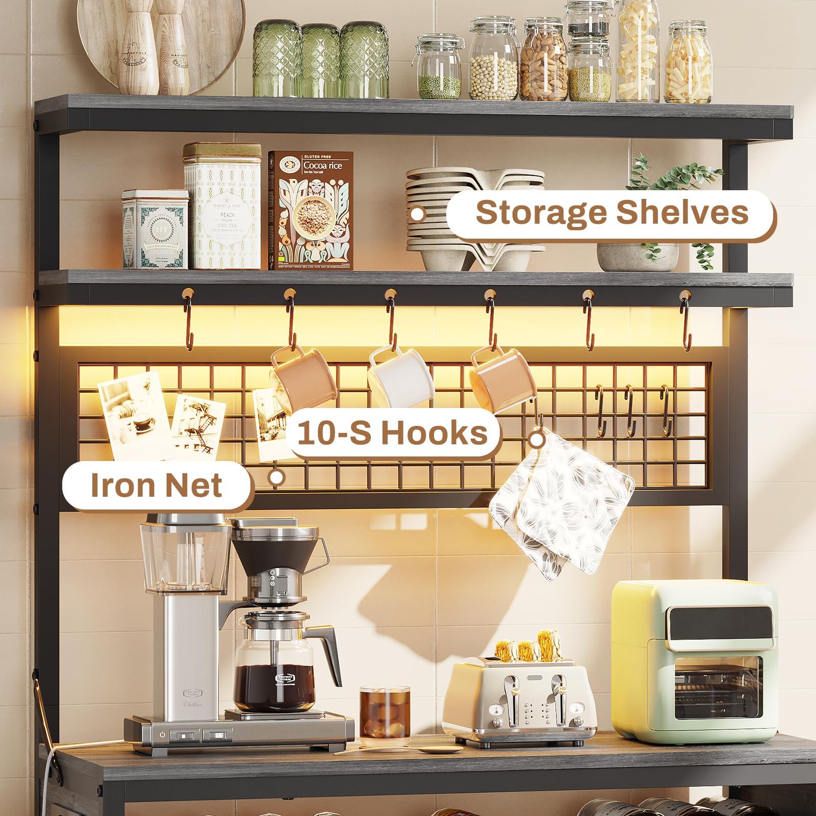 Itaar Itaar Bakers Rack with Power Outlet, 6-Tier Coffee Bar, Microwave Stand with Wine Rack, LED Lights and 10 Hooks, Bakers Racks for Kitchens with Storage, Grey