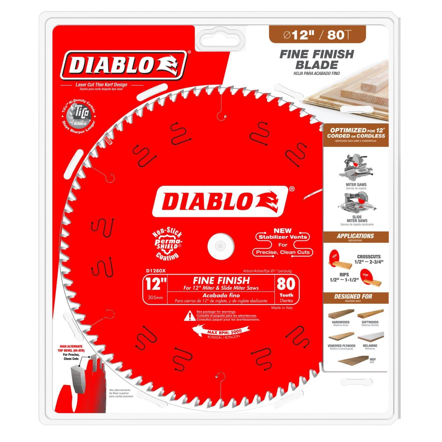 Diablo Diablo Saw Blade for Wood - 12" x 80 Teeth, Fine Finish, Hi-Density Carbide, 1" Arbor - D1280X
