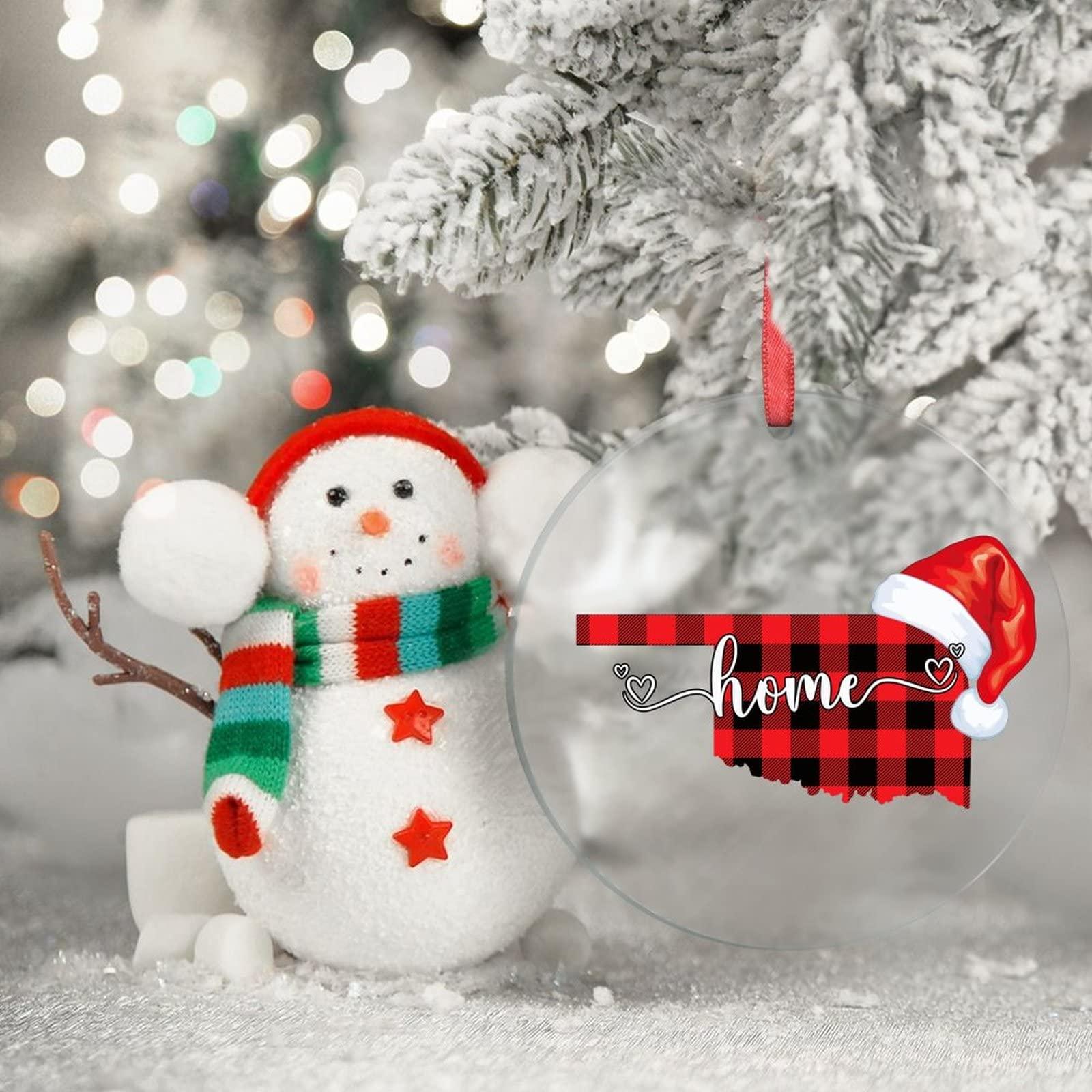 godblessign Buffalo Plaid Map Christmas Hat Christmas Ornaments 2022 Oklahoma State Ornaments for Christmas Trees Sweet Home Acrylic Personalized Christmas Ornaments Christmas Keepsake Long Distance Xmas Gift