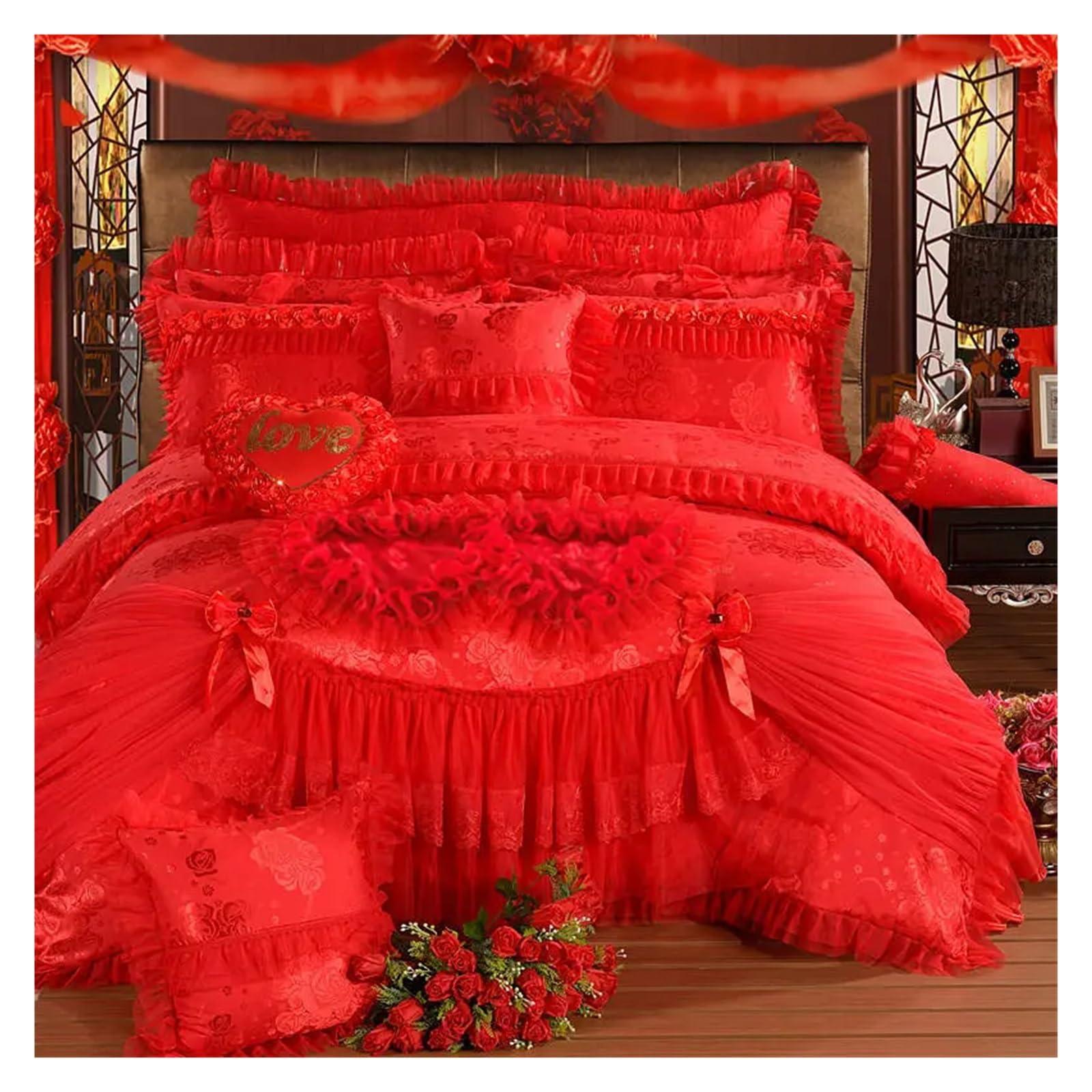 ADovz ADovz Red Pink Lace Princess Bedding Set 4/6/8pcs Luxury Girls Wedding Bed Set Quilt Cover Bed Sheets Queen King Size,Bed Sheets