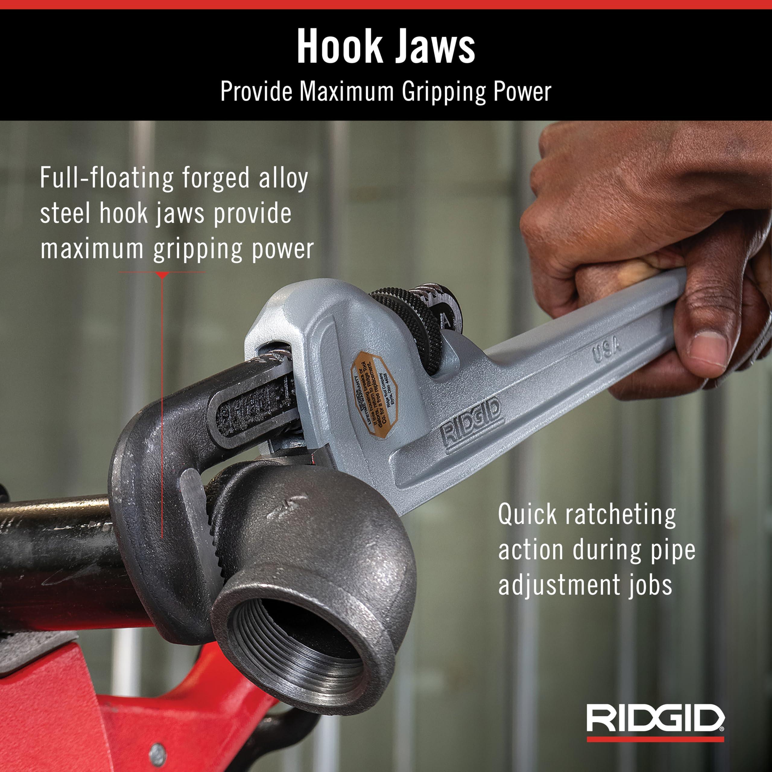 RIDGID RIDGID 31090 Aluminum Straight Pipe Wrench, 10\" Sturdy Plumbing Wrench with Self Cleaning Threads and Hook Jaws