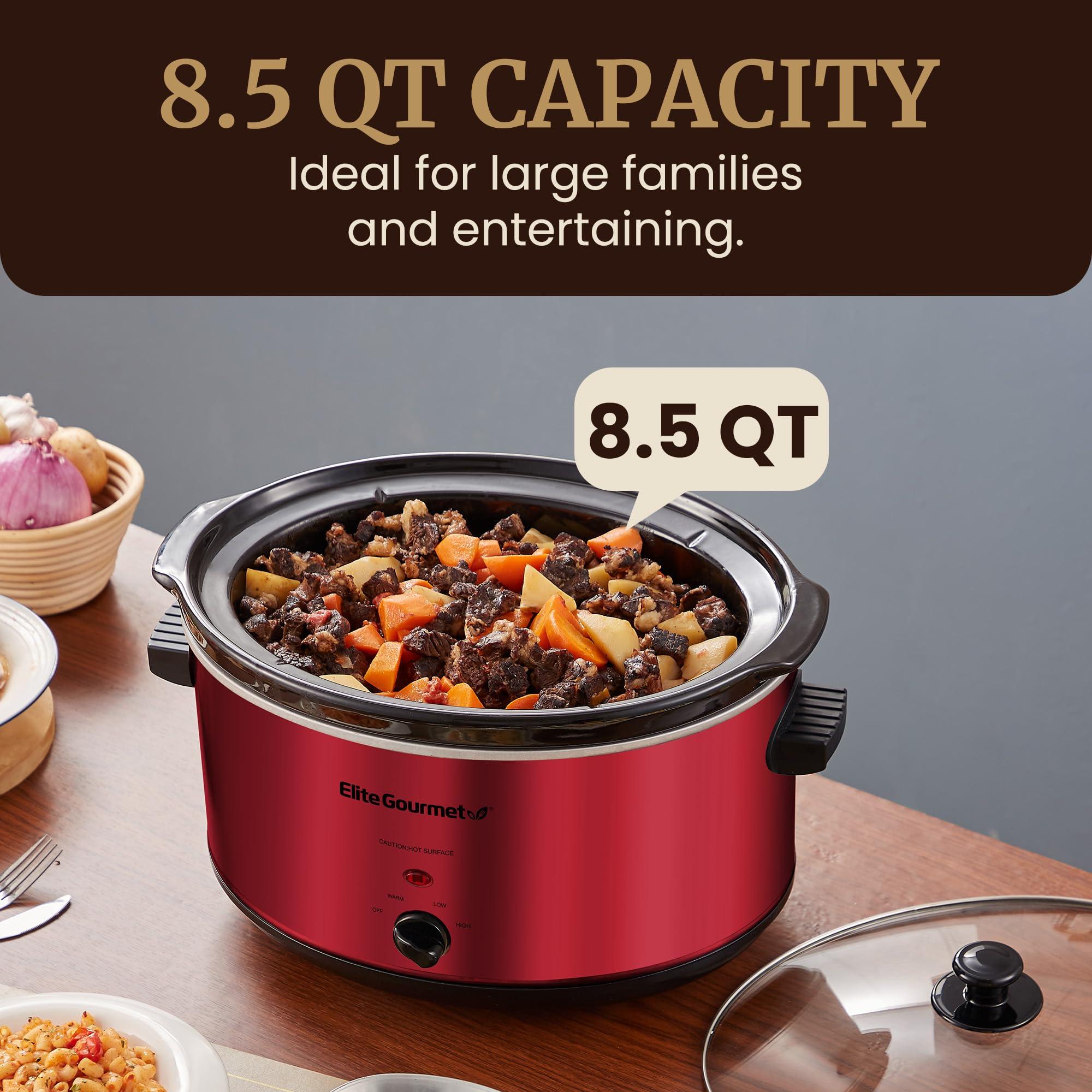 Elite Gourmet Elite Gourmet MST-900RXT# Electric Ceramic XL Jumbo Slow Cooker, Adjustable Temp, Entrees, Sauces, Stews & Dips, Dishwasher Safe Glass Lid & Crock, 8.5Qt, MetallicRed