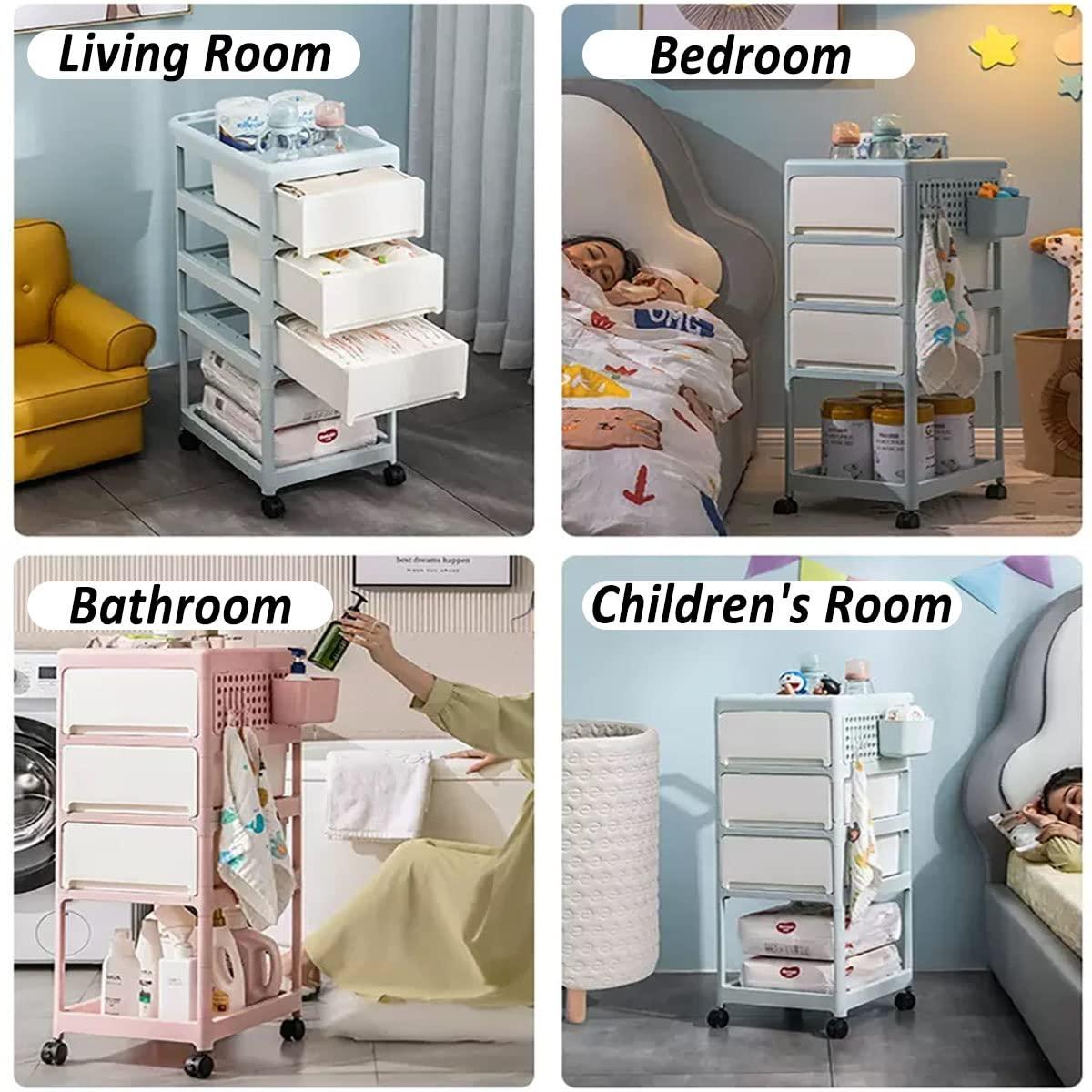 HNXMJ 2-Tier Bathroom Storage Trolley with Handle, Compact Rolling Cart Organizer for Groceries, Bathroom Cart with Hanging Cups, Bedroom Storage Cart On Wheels, Storage Rolling Cart Space Saver