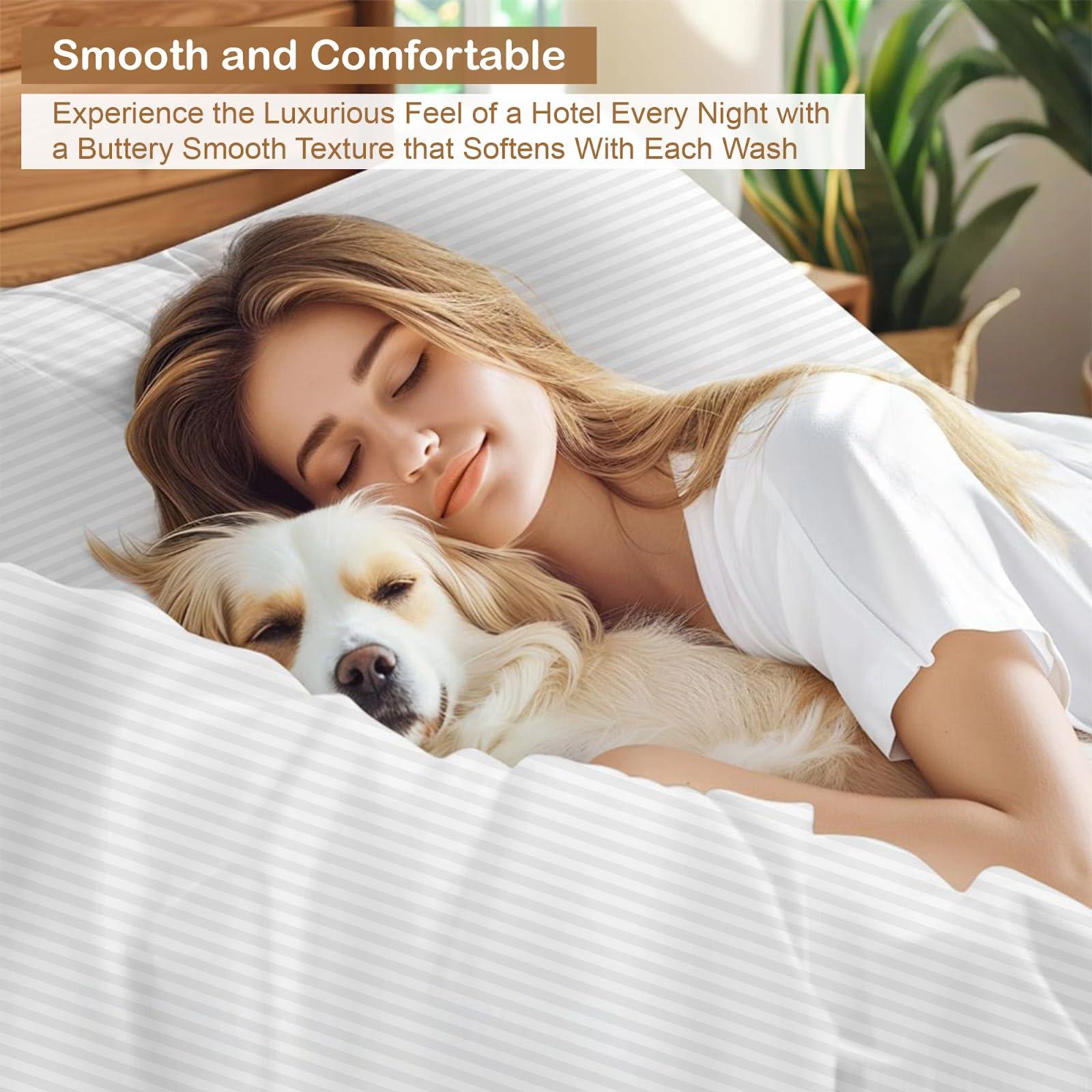 ARlinen Waterbed Sheets Super Single Size 600 Thread Count 100% Cotton 15 Inches -Deep Pockets- Attached Waterbed Sheet Set- 4 Piece - Hotel Luxury Bed - Extra Soft -White Stripe Bed Sheets -Super Single