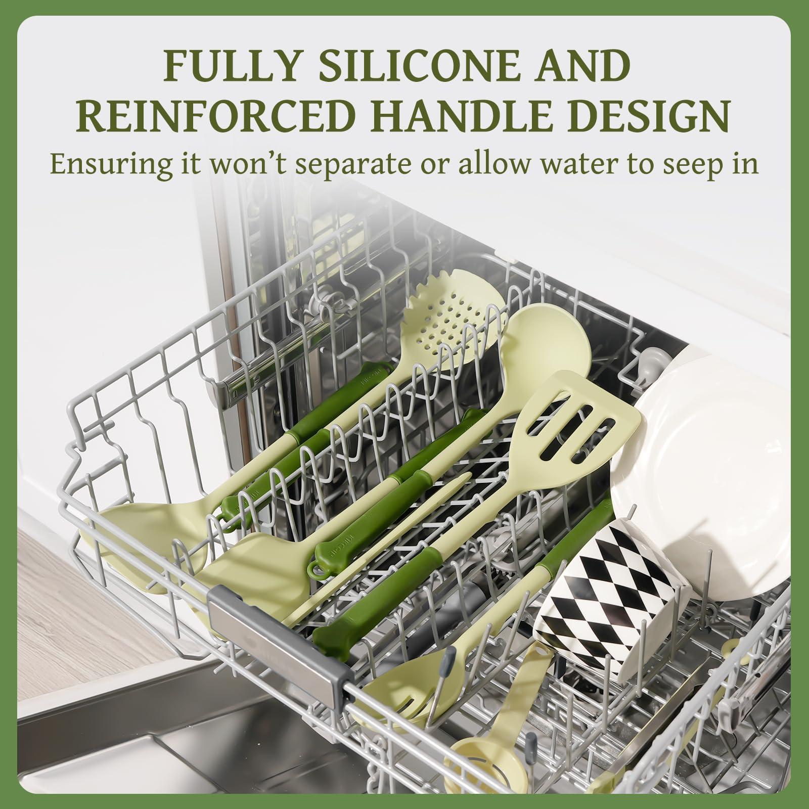 Kikcoin Kikcoin 43Pcs Kitchen Utensils Set - Silicone Cooking Utensils Set, Dishwasher Safe Spatula Set for Non-stick Cookware, 446F Heat Resistant Kitchen Utensils Set with Holder BPA Free, Avocado Green