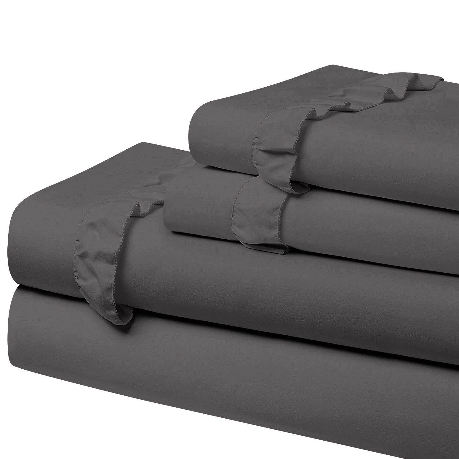 Kings Loft 4 Piece Ruffle Sheet Set, 2 Inch Ruffle On The Top Hem of The Flat Sheet and Pillowcases, 18 Inch Deep Pocket, 100% Egyptian Cotton, 800 Thread Count, King Size, Solid Dark Grey