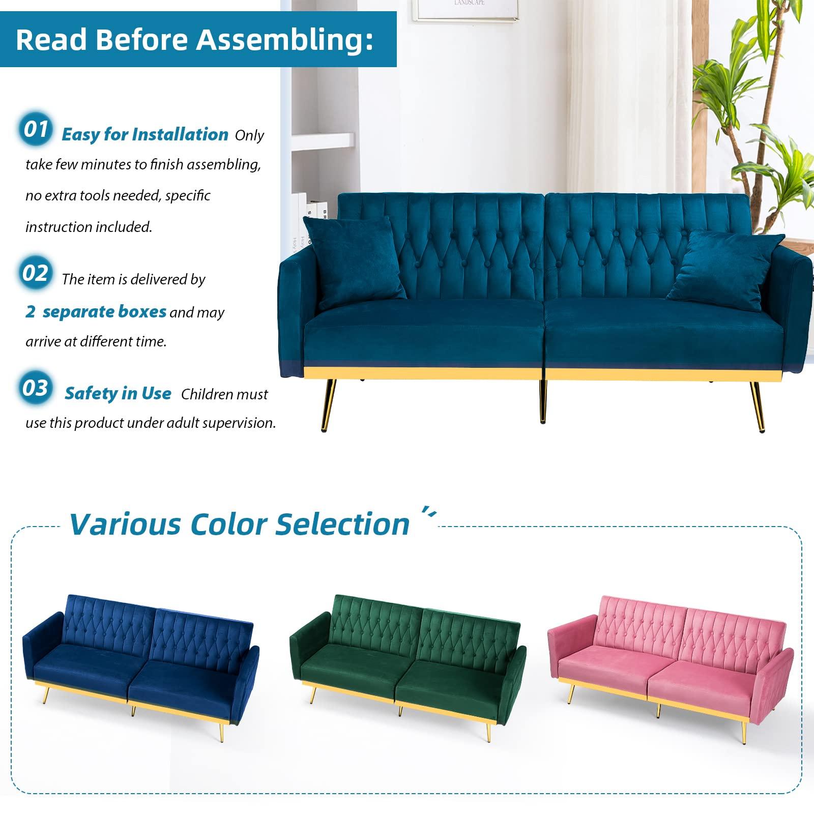 ACMEASE ACMEASE 2 Pieces Velvet Sofa Set with Adjustable Armrest and Backrest, 70 Convertible Futon Sofa Bed & Mordern Accent Chair with Ottoman for Living room, Bedroom, Teal