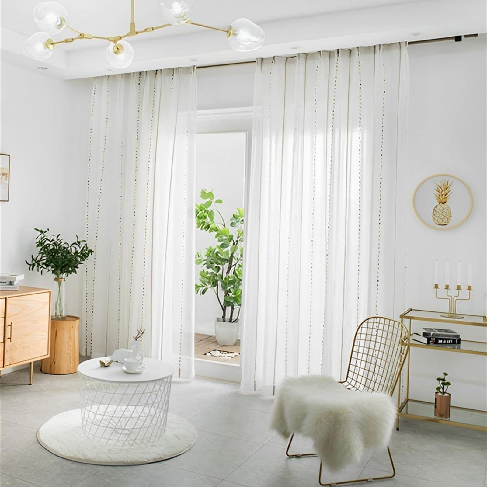 SK Studio SK Studio Sheer Curtains Rod Pocket Privacy Light Filtering Semi Sheer Drapes Tassels Farmhouse Curtains with Pom Pom for Bedroom Living Room 1 Panel White A, W55 x L57 Inch