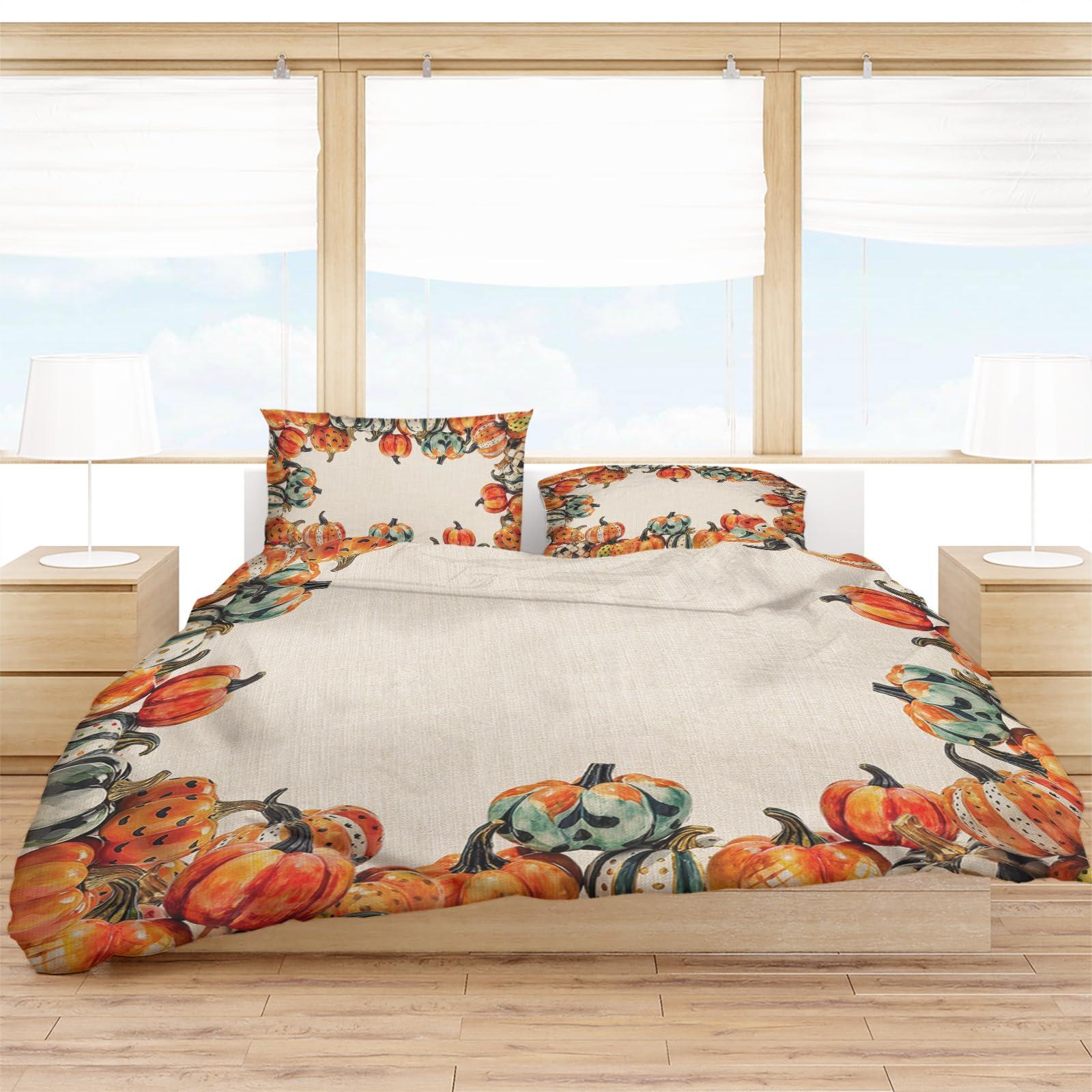 Debedcor Thanksgiving Duvet Cover Full Size, Polka Dot Plaid Paint Pumpkin Orange Green Burlap Comforter Cover with Zipper Closure, 3 Piece Bedding Sets 1 Duvet Cover 86x86 Inches and 2 Pillow Shams