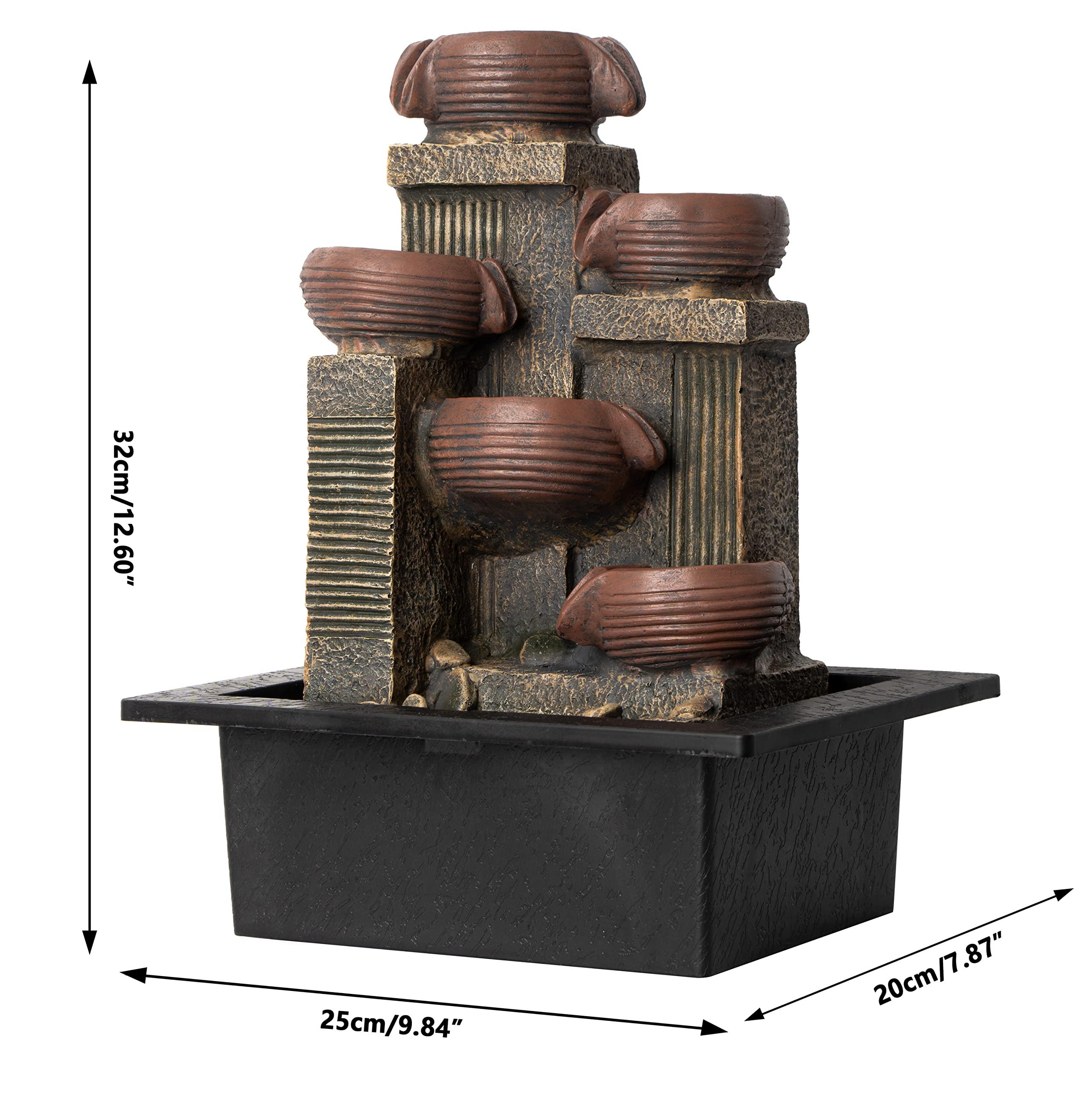 Father'sDen Collection 13-inch Indoor Fountains and Waterfalls Cascading 5-Tiered Pots-Tabletop Water Fountain-Desk Waterfall-with Audible Waterfall Sounds-Zen Water Fountain and Color Lights