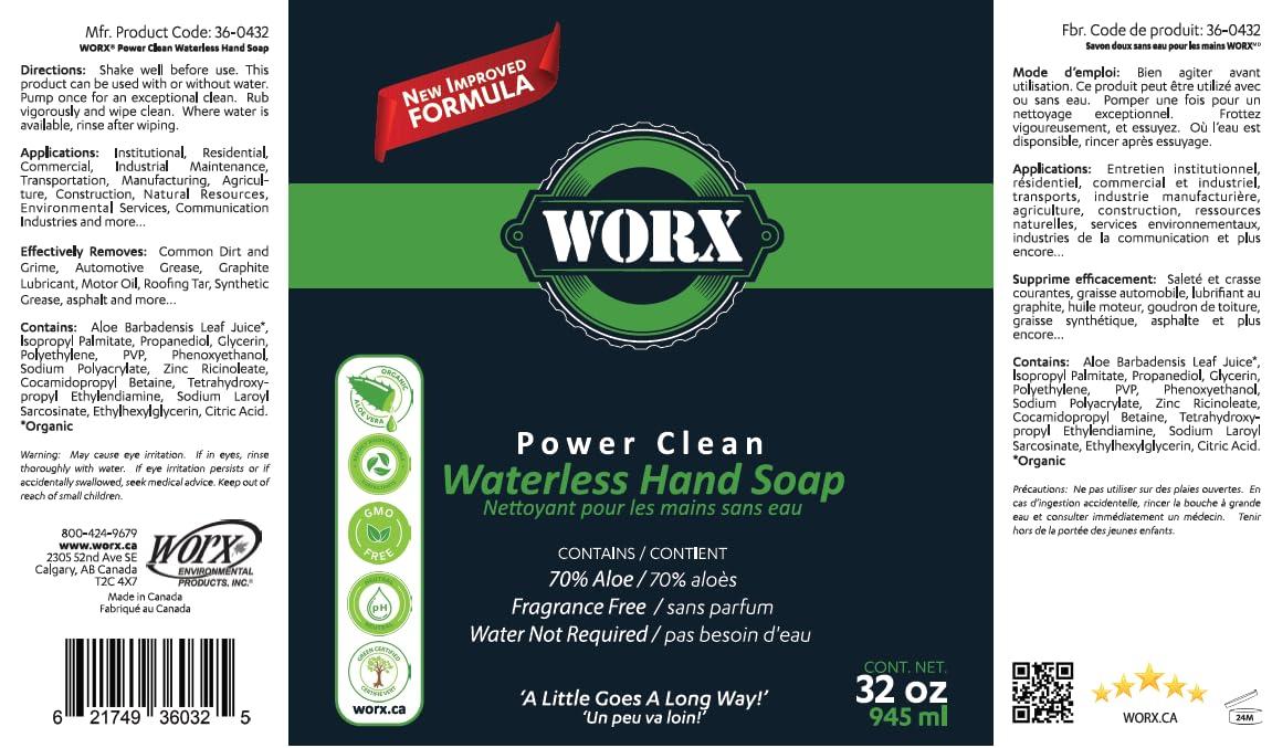 Worx Environmental Products Inc. Worx Power Clean Waterless Hand Soap 32 oz. (945 ml.), For Auto Mechanics, Heavy Duty Industrial/Commercial Liquid Soap use With or Without Water, GMO Free, Environment Friendly