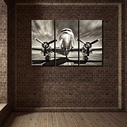 KLVOS KLVOS 3 Piece Airplane Wall Art Vintage Black and white Propeller Aircraft Picture for Boy Room Home Office Modern Home Decor Stretched and Framed Ready to Hang - 16"x32"x3pcs
